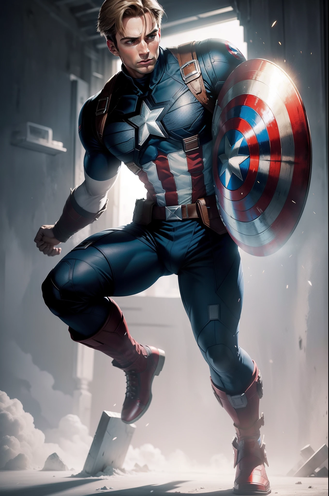 "A dramatic full body shot of a Captain America, in white background"