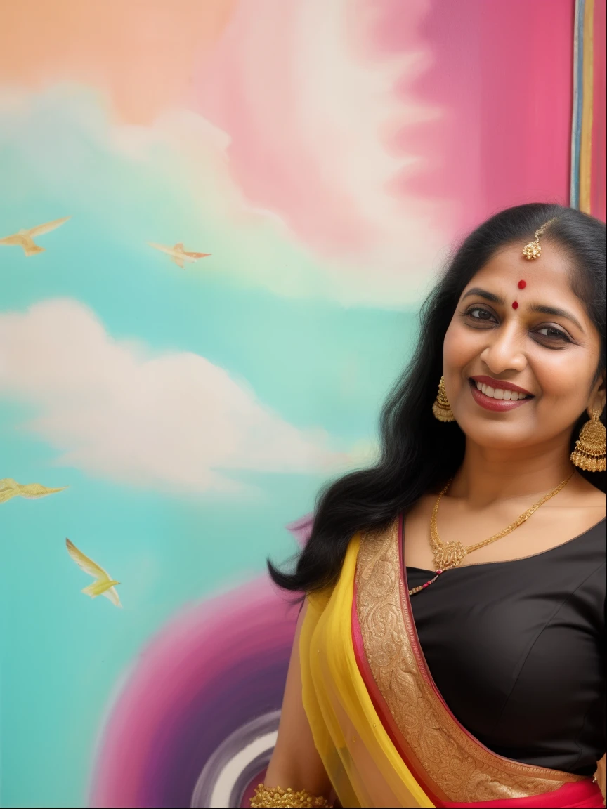 a woman in a yellow sari poses for a picture, inspired by T. K. Padmini, inspired by Saurabh Jethani, with beautiful colors, inspired by Raja Ravi Varma, acrylic art, * colour splash *, with a beautifull smile, promo image, portrait photo of a backdrop, painting of beautiful, an aesthetic!, assamese aesthetic, fanart, big breast