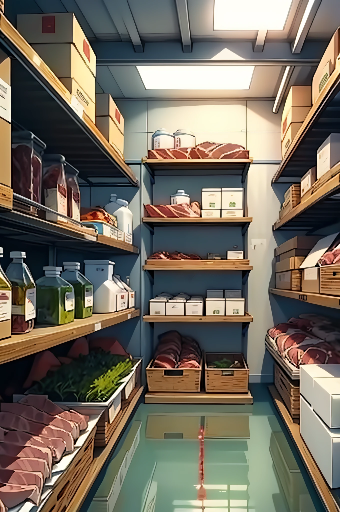 raw meat、verdure、Purified water, etc，Storage room，Neat，material，Lots of boxes