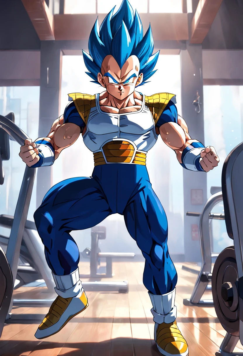 Un dibujo detallado del entrenamiento intenso de Vegeta en un gimnasio de culturismo.