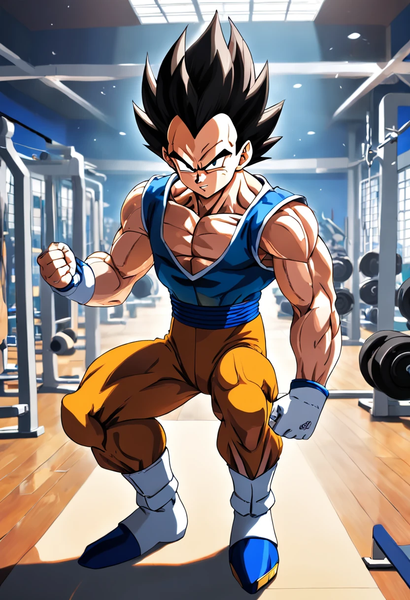 Un dibujo detallado del entrenamiento intenso de Vegeta en un gimnasio de culturismo.