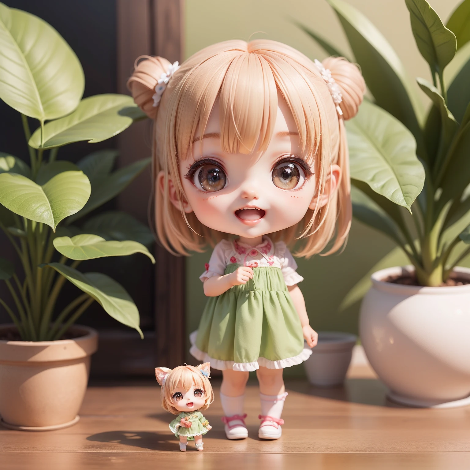 Cute  Chibi Anime,（（（Super masterpiece、top-quality、ultra-detailliert、女の子1人、Chibi：1.5））、Chibi Living、houseplant、Cute potted plant、A detailed face、Smile with open mouth、Small face、fullllbody（Chibi：1.4）、8ｋ