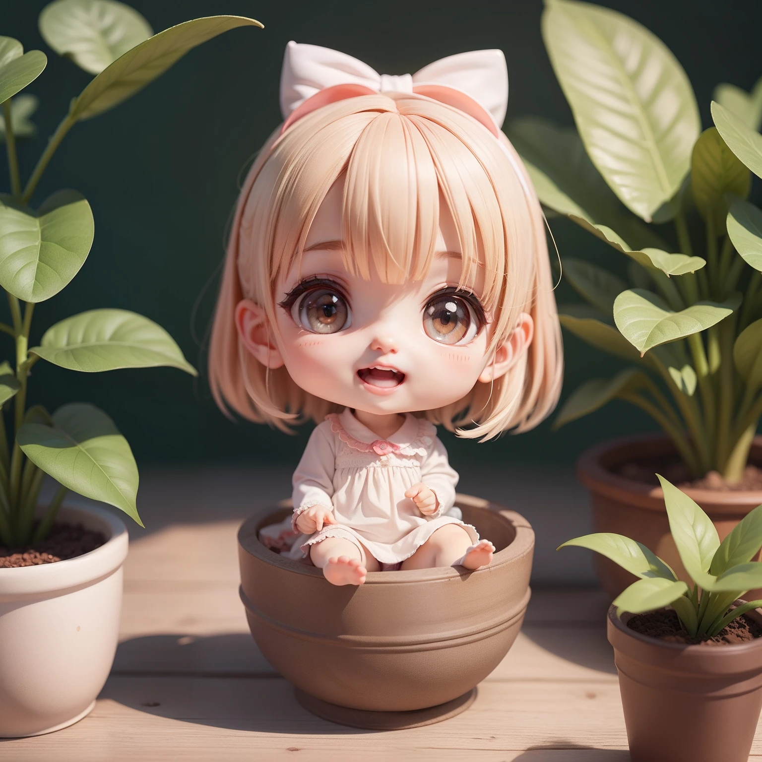 Cute Baby Chibi Anime,（（（Super masterpiece、top-quality、ultra-detailliert、女の子1人、Chibi：1.5））、Chibi Living、houseplant、Cute potted plant、A detailed face、Smile with open mouth、Small face、fullllbody（Chibi：1.4）、8ｋ