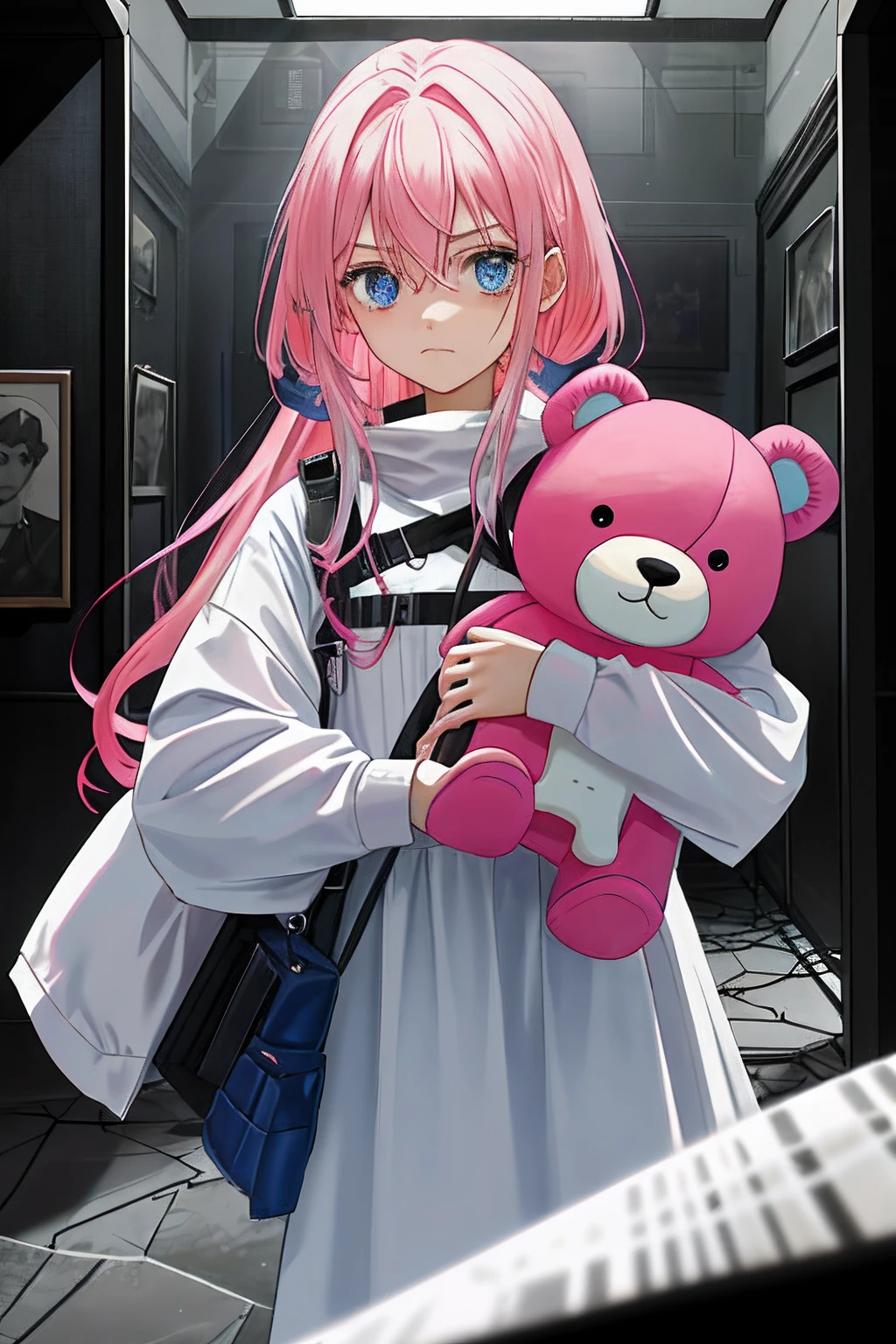 1girll, Pink hair, Blue eyes, (cowboys_shot:1.2), Face Focus, Long hair, side locks, Scared,(terrorism:1.1) expression, holding a teddy bear, Atmospheric lighting, Moody, darkness, In an old museum in ruins, Clear glass display case full of funny items, dusty, Post-apocalypse, Cobweb, masterfully, Beautiful 8K wallpapers, Extremely detailed, Convoluted
