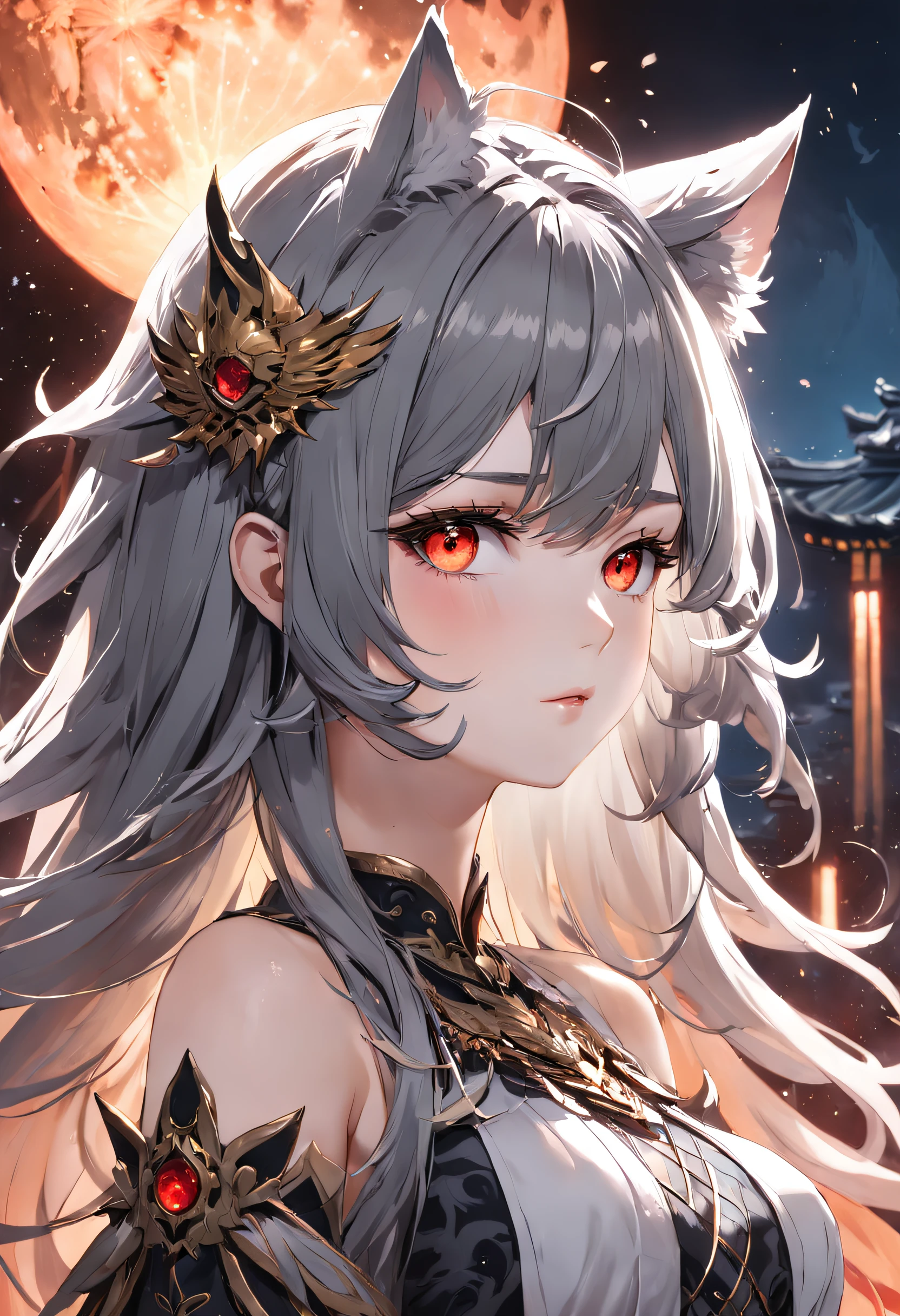 (extremely detailed CG unity 16k wallpaper:1.1), (Denoising strength: 1.45), (tmasterpiece:1.37), (super delicate), (extremely delicate and beautiful), (dynamic angle), black highlights, fluttered detailed ink splashs, (legendary wolf Empress:1.3), (1 girl), upper body, full moon, chinese armor, fairy, delicate face, (complex details), (beautiful and delicate eyes), golden eyes, Grey hair, messy floating hair, disheveled hair, focus, perfect hands, eyeshadow, red eyeliner, (fantasy style), (illustration), god rays, sparkle, glowing light, (masterpiece)