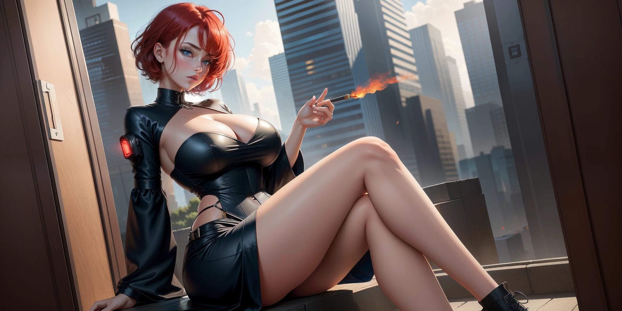 masterpiece, best quality, finely detailed, high resolution, extremely detailed and beautiful, 1girl, (blue eyes),red hair, anime girl, hidden room, (huge breasts), sitting,long black dress, short hair,holding cigar in right hand,masterpiece, best quality, finely detailed, high resolution, extremely detailed and beautiful, 1girl, (blue eyes),red hair, anime girl, , (huge breasts), sitting,long red dress, short hair, holding a cigarette in her right hand, cyberpunk city background