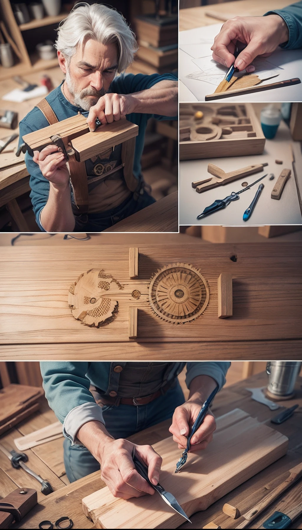 Create a captivating visual for a woodworking advertisement inspired by the text below: 'Unleash Creativity: The Geppetto Effect 🪚🎨 Just as Geppetto carved life into Pinocchio, woodworking lets you bring life to your ideas. Craftsmanship is the ultimate transformation – from raw wood to cherished creation. Embrace the chisel and see your visions take shape. Become the Geppetto of your DIY dreams. Carve, shape, create. --auto --s2