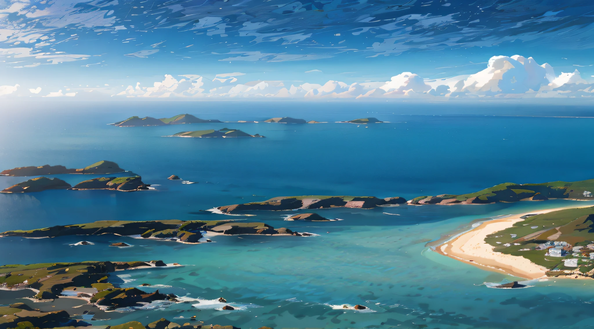 There are many small islands in the waters off the shore, breathtaking quality, digital painted, shoreline, crisp smooth lines, Breathtaking landscapes, epic matte painting of an island, view from above on seascape, islands on horizon, Coast, islands, Australian beaches, breathtaking look, beautiful panoramic imagery, island landscape, Desktop background, high quality desktop wallpaper, amazing background, breathtaking realistic