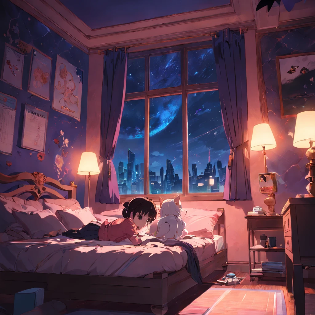 1girl，catss，window，Beds