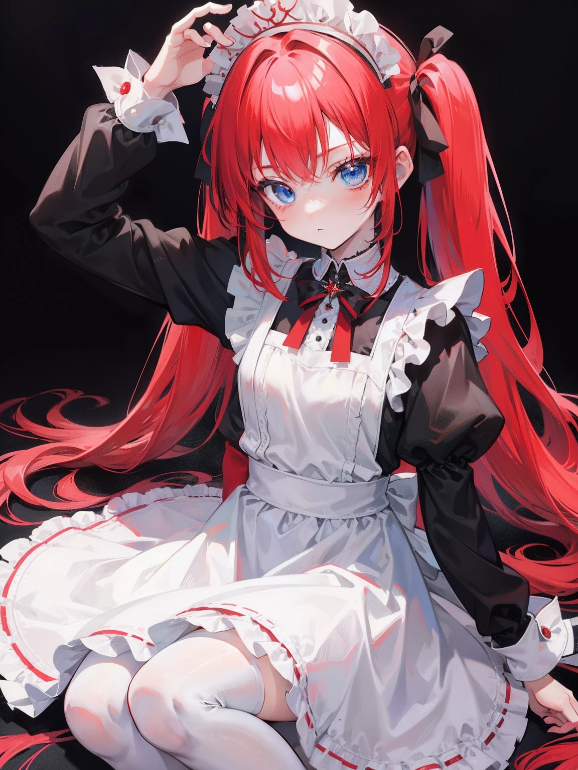 red hair,blue eyes,twintails,maid, long hair, long sleeves, gothic, solo, loli,Short skirt, white stockings,{{best quality}}, {{masterpiece}}, {{ultra-detailed}}, {illustration}, {detailed light}, {an extremely delicate and beautiful},little girl,cute,
