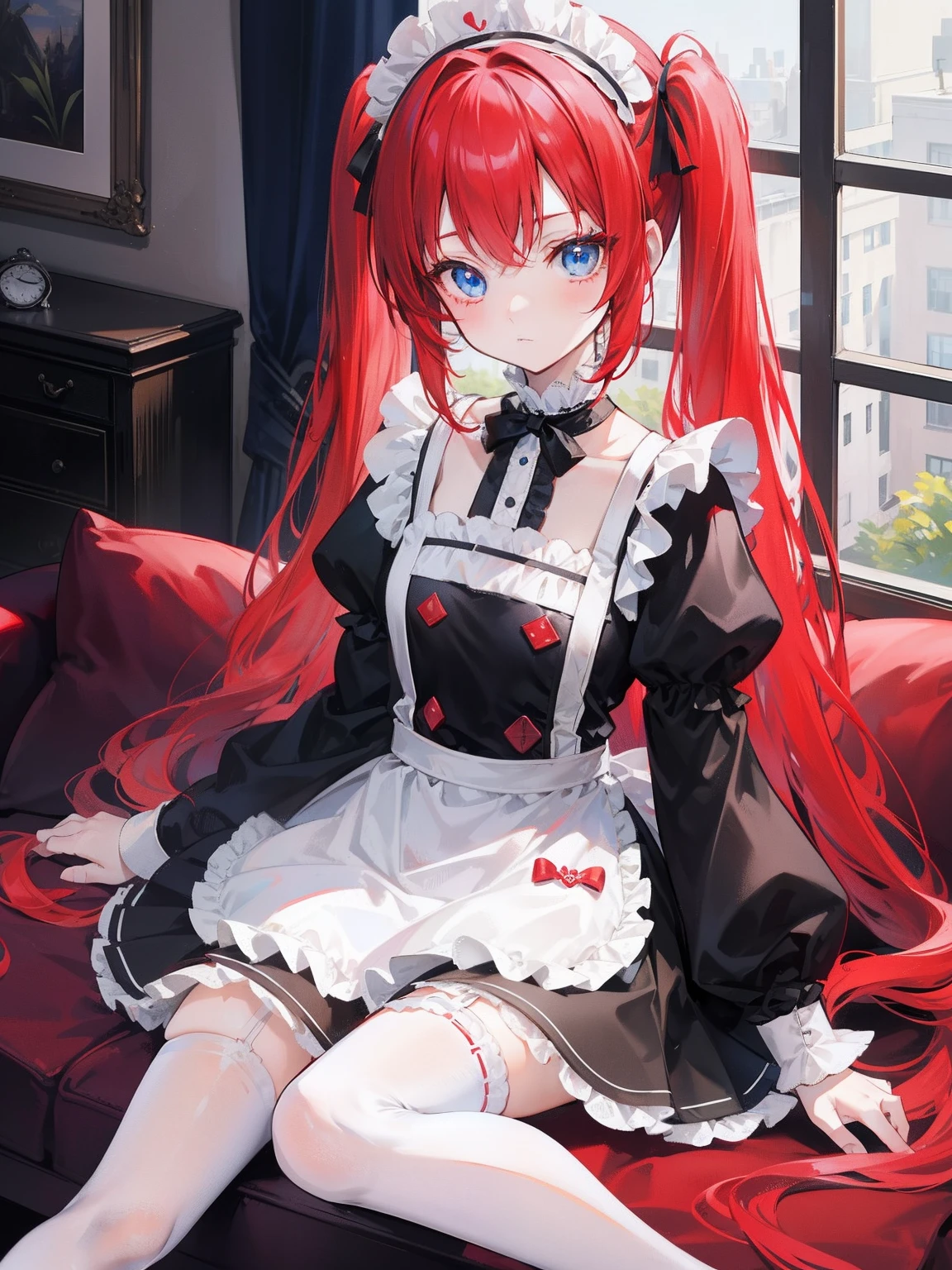 red hair,blue eyes,twintails,maid, long hair, long sleeves, gothic, solo, loli,Short skirt, white stockings,{{best quality}}, {{masterpiece}}, {{ultra-detailed}}, {illustration}, {detailed light}, {an extremely delicate and beautiful},little girl,cute,