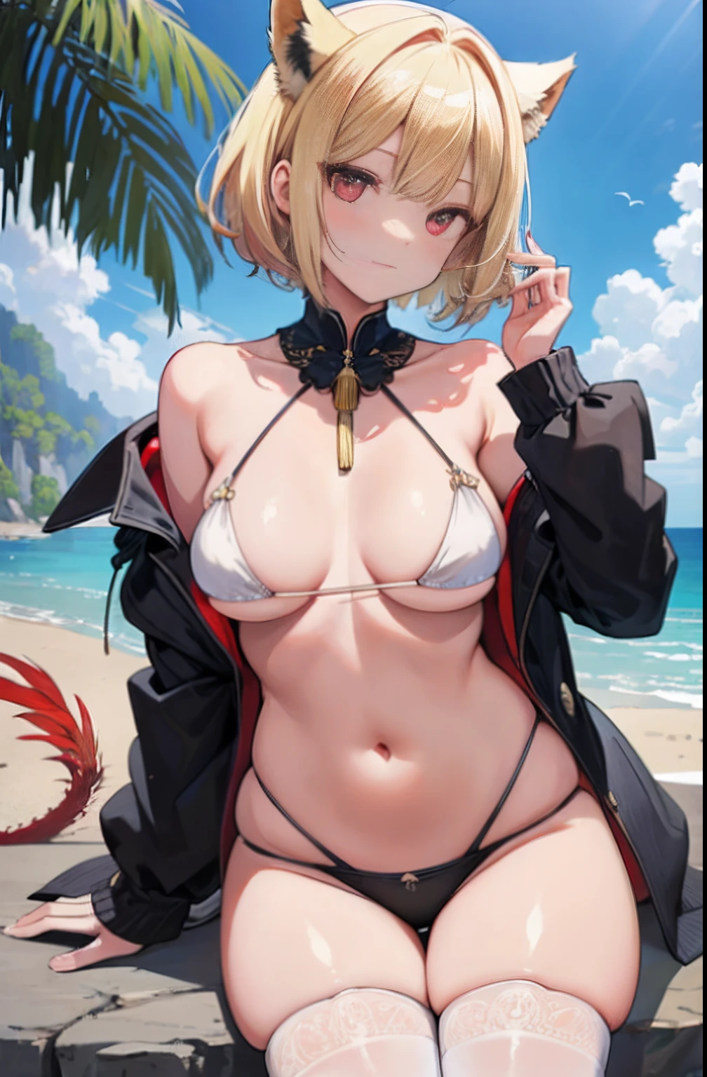 masterpiece, top-quality, high_resolution, fine detailed, highly detailed and beautiful, distinct_image, 1 rapariga, 独奏, Blonde shorthair, red eyes, Dragon's horn, (small tits), (tits out),(frombelow),curvy(crystal),(Lunette de soleil),steam,bikini,(red thighhigh),((Mare))