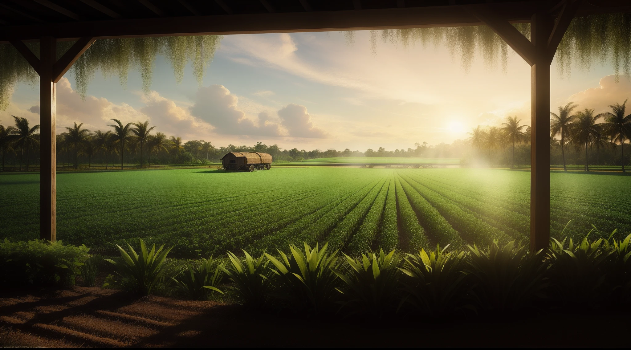 A memorable scene from a plantation field, where a man sows seeds. The immersive and realistic environment is enhanced with dramatic and deep lighting.