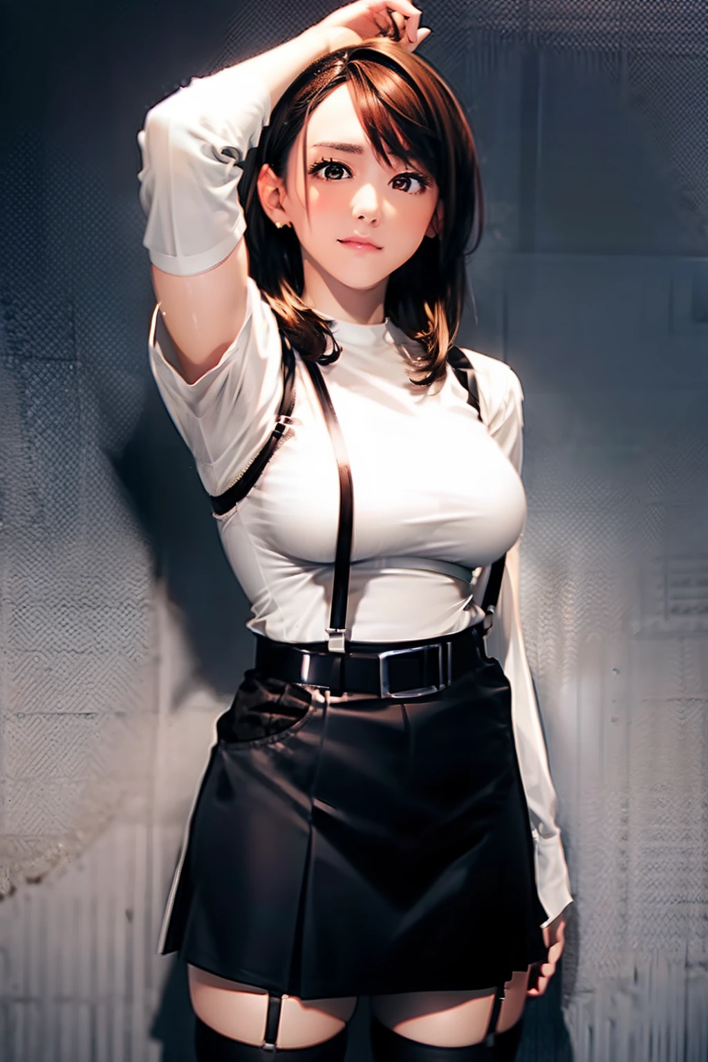 Black skirt, 　suspenders, Brown hair Gray eyes, Garter belt on the legs, Tight black clothes, 　　 a belt　Armpit sweat　　Dark look　Moderately breasts　holster　 Forehead Center