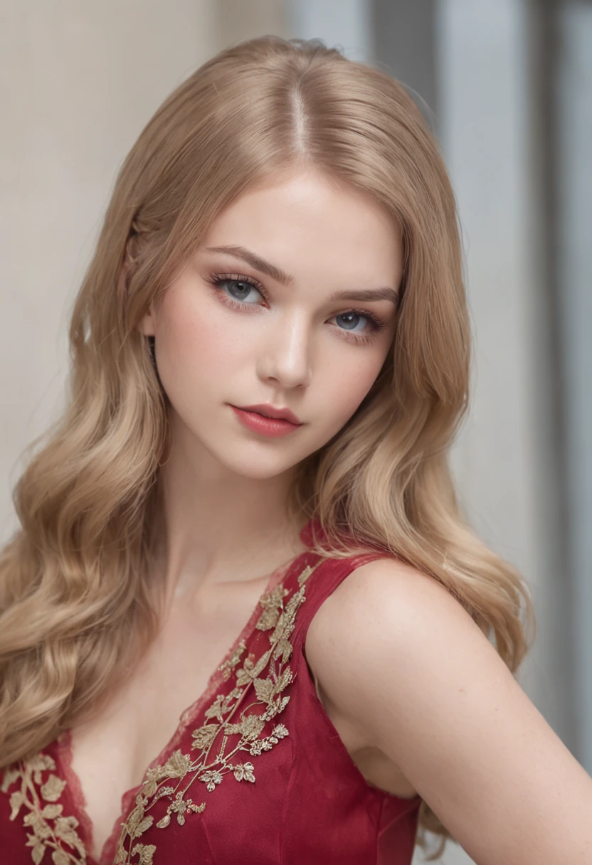 Portrait of a very beautiful young woman, very beautiful and slender face, long blond thick hair, her hair shimmers with gold, she wears a beautiful blue dress, green eyes, dark gray shadows on her eyelids, long black thick eyelashes, accentuated cheekbones, beautiful sensual red lips, this woman is twenty years old