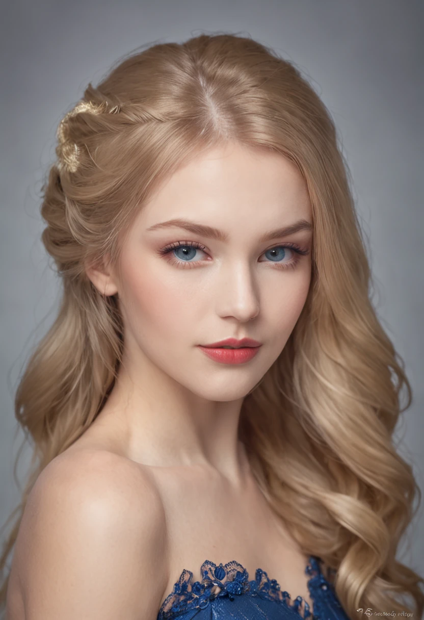 Portrait of a very beautiful young woman, very beautiful and slender face, long blond thick hair, her hair shimmers with gold, she wears a beautiful blue dress, green eyes, dark gray shadows on her eyelids, long black thick eyelashes, accentuated cheekbones, beautiful sensual red lips, this woman is twenty years old