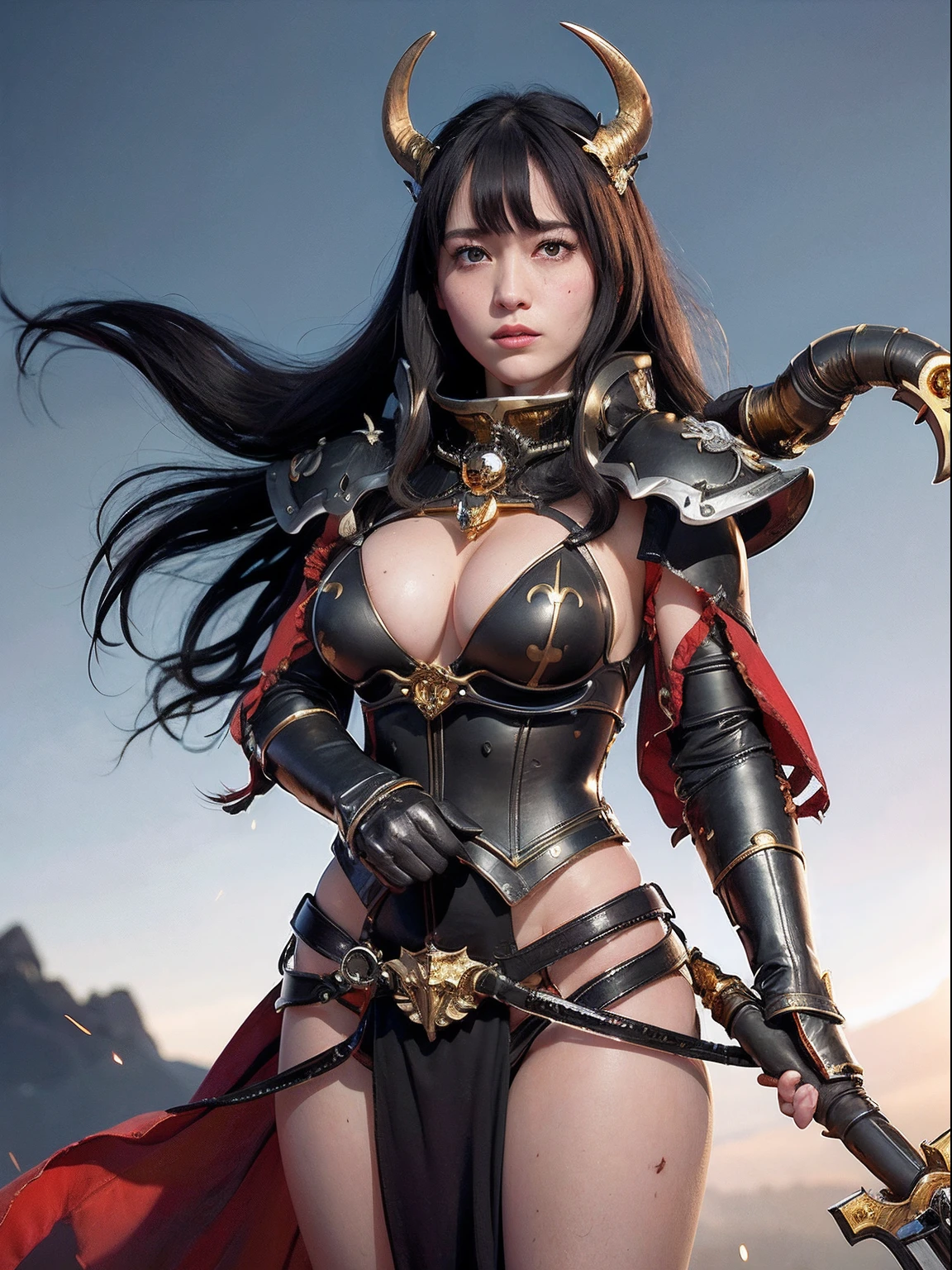Professional , masterpiece、top-quality、photos realistic , depth of fields 、(A dark-haired) 、(Gemstone White Metal Body:1.9),(Matte Black、Jewel Gold Weapon(Jewel Metal Body:1.4),Gorgeous metal weapons ,Particles of light、(Black wings)、(( Detailed and gorgeous sword of the brave)) ,Light Effects、intense fighting、Wind-effect、magic circles、 (A dark-haired) ,warhammer 40k ,Detail and ornate jewel crown、With the legendary magic wand、Dragon's tail、explosions、((Micro Bikini Armor))、((Gangle's forest background))、Beautiful Caucasian beauty、1a person、dynamic ungle,(((Details of the two demon horns on the head)))、Smaller head、A smile、Background inside the castle、Thin and beautiful female hands、cleavage of the breast、Soldier in iron armor on background、Mystical expression、Light Effects、Wind-effect、With the legendary magic wand、(wingspan)、Toostock、Anatomically correct body、