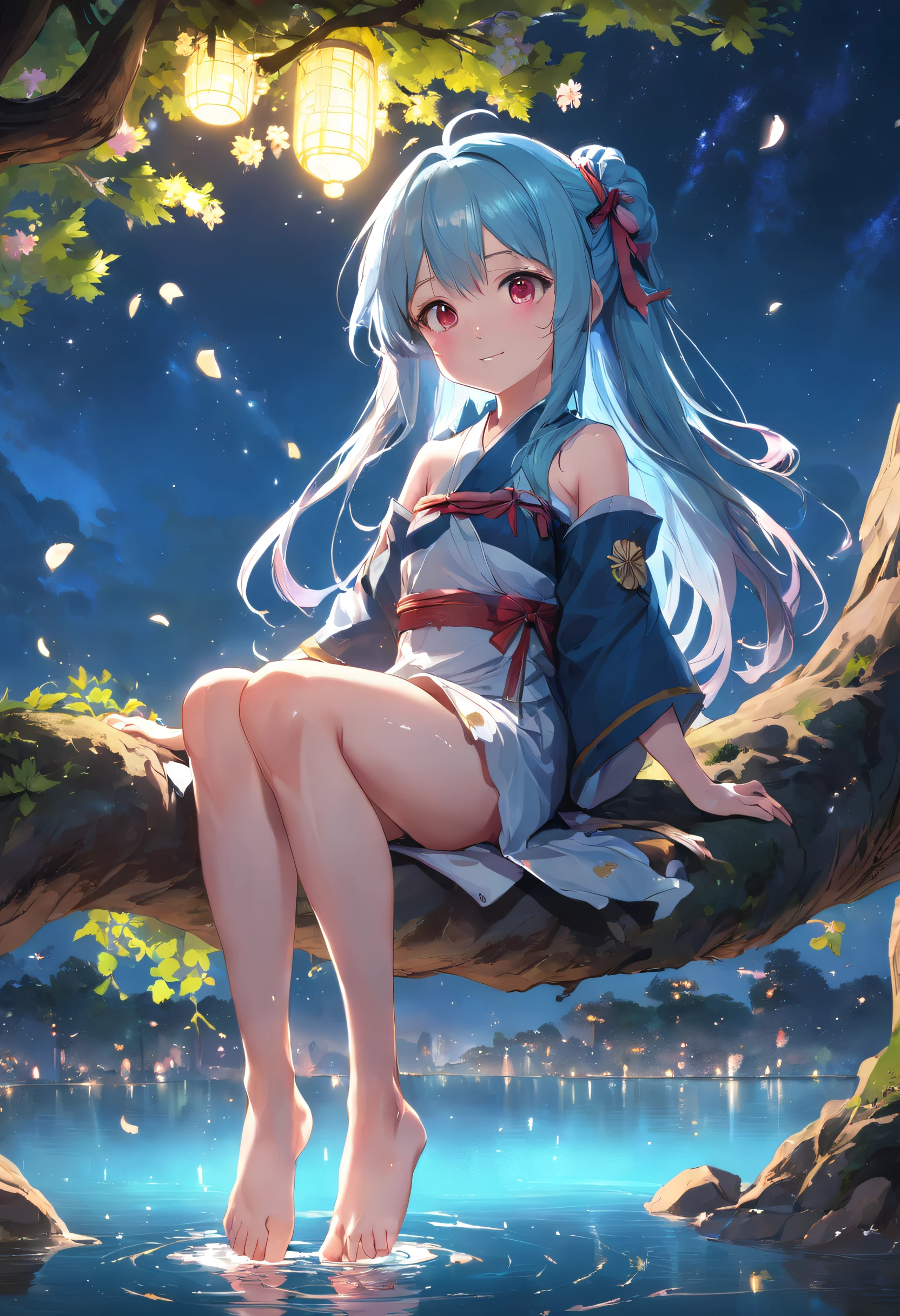 (extremely detailed CG unity 16k wallpaper:1.1), (Denoising strength: 1.45), (tmasterpiece:1.37), incredibly_absurdres, highly detailed, refined rendering, original, night_sky, (close_on:1.2), (close shot), (a girl:1.3) is (sitting on the tree) and soaking feet, [[light smile]], (baby_blue hair), very_long_hair, water inner hair, little double bun, (beautiful detailed eyes), (red eyes), floating ribbon, (peach blossom), flowers, (flower) tree, Petals on water, floating Petals, [[full moon]], illustration, god rays, sparkle, glowing light, (best quality), (masterpiece), (highres)