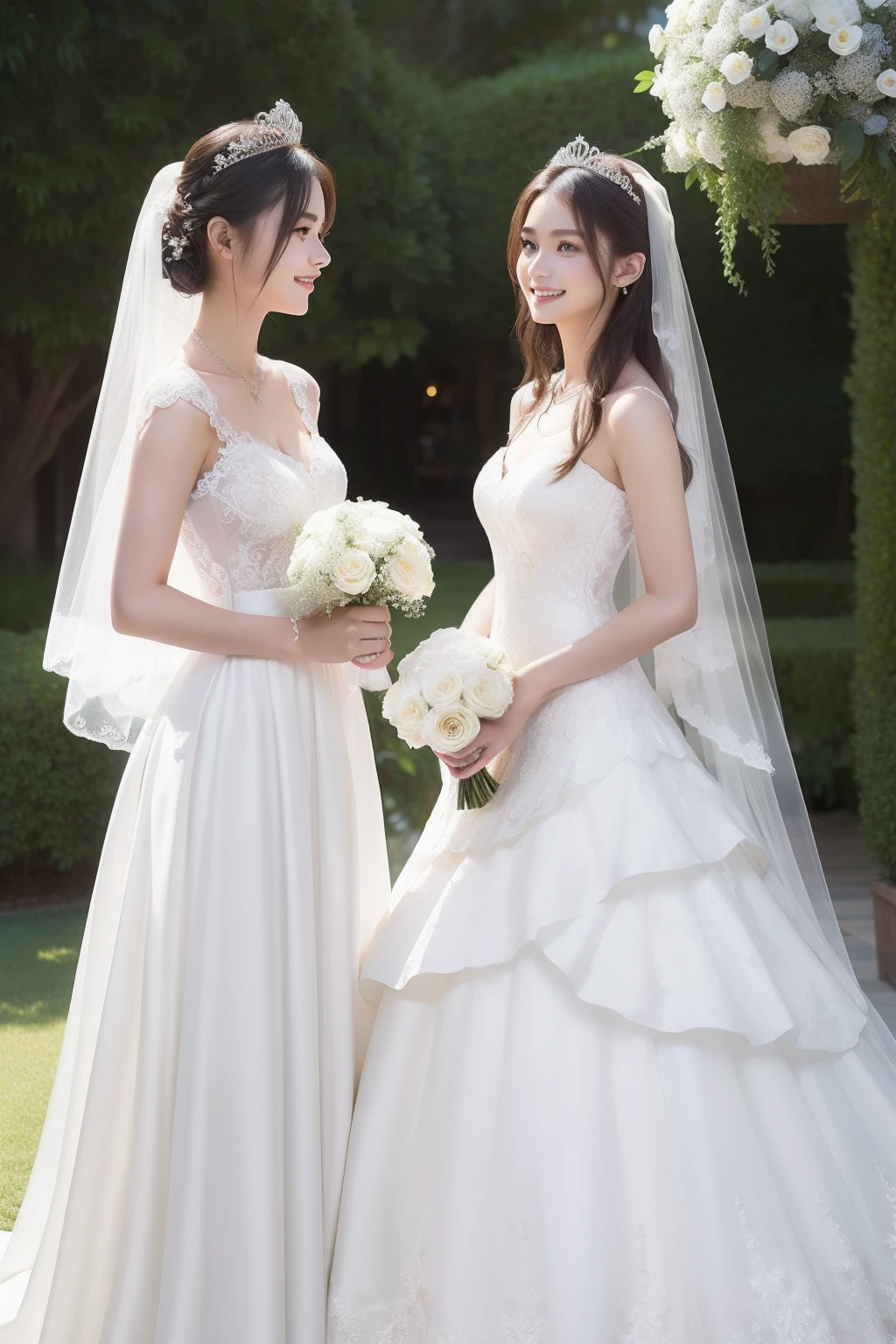 (​masterpiece、top-quality、ultra-detailliert、Best Shadows)、Upper body view、Hyper-detailing、The best lighting、Garden Hotel Garden、20 years girl、((white wedding dress))、beautiful tiara、Gorgeous Necklaces、Wedding Cape、Greet customers with a smile