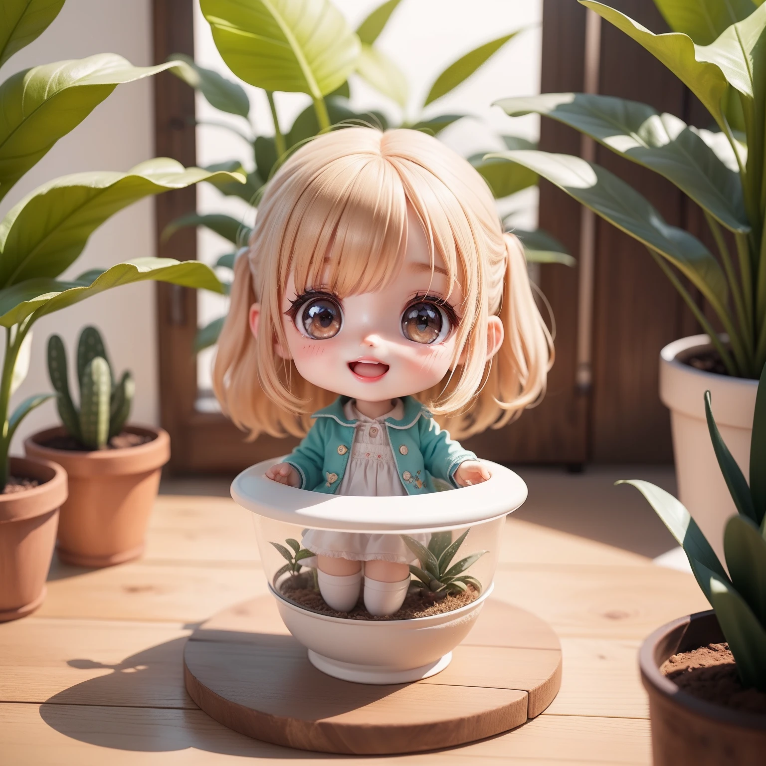 Cute Baby Chibi Anime,（（（Super masterpiece、top-quality、ultra-detailliert、***1人、Chibi：1.5））、Chibi Living、houseplant、Cute potted plants、A detailed face、Smile with open mouth、a small face、fullllbody、Houseplant nora（Chibi：1.4）、8ｋ