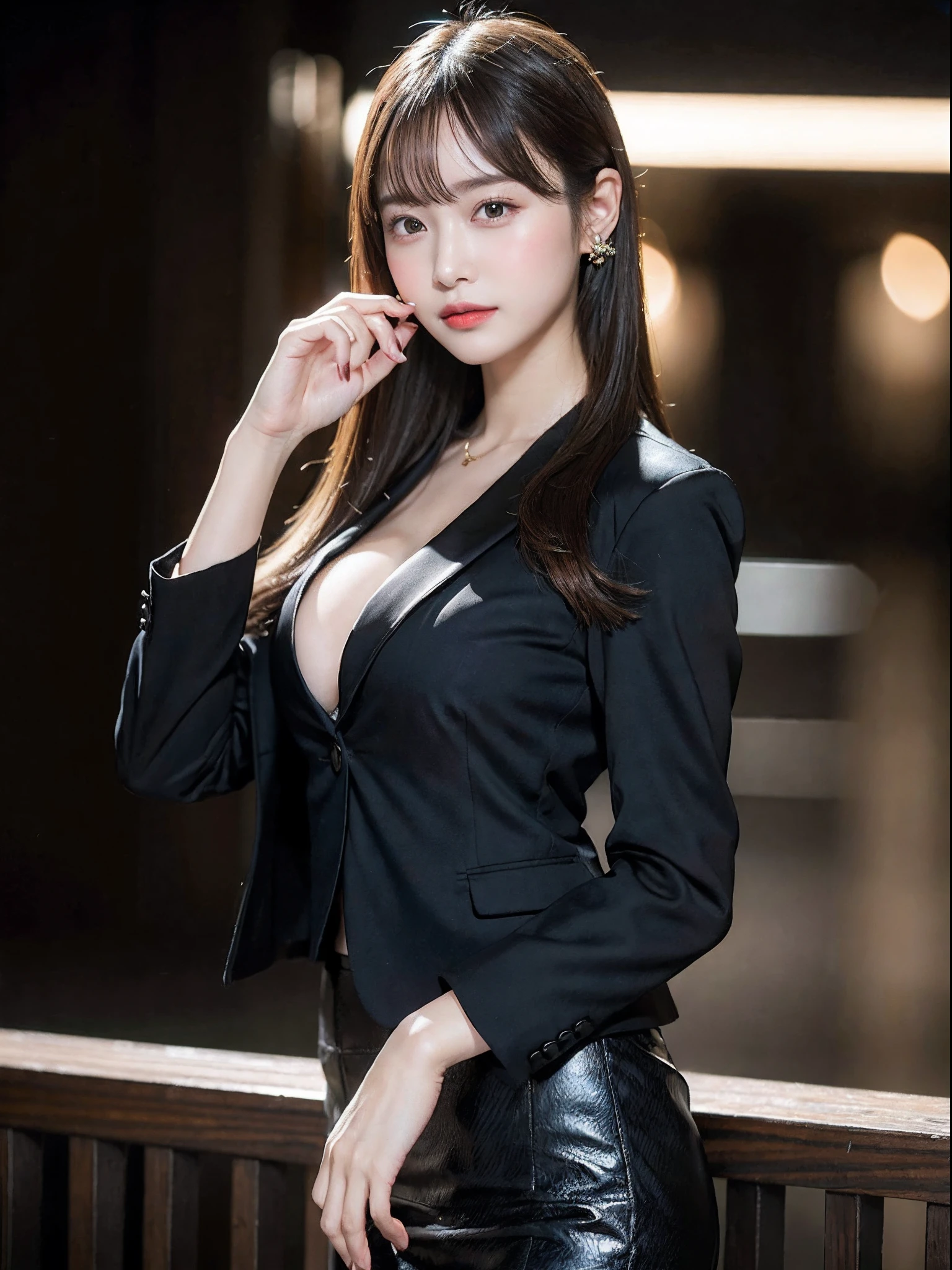 top-quality, ​masterpiece, 1girl in, beautiful countenance, (photographrealistic:1.3), Exposed cleavage, Rim Lighting, (High Detail Skins:1.2), 8K UHD, Digital SLR, hightquality, hight resolution, 4K, 8K, bokeh dof, absurderes, best ratio four finger and one thumb, (realisitic:1.3), pretty 1girl, Wearing a black formal jacket, middlebreast, a short skirt,