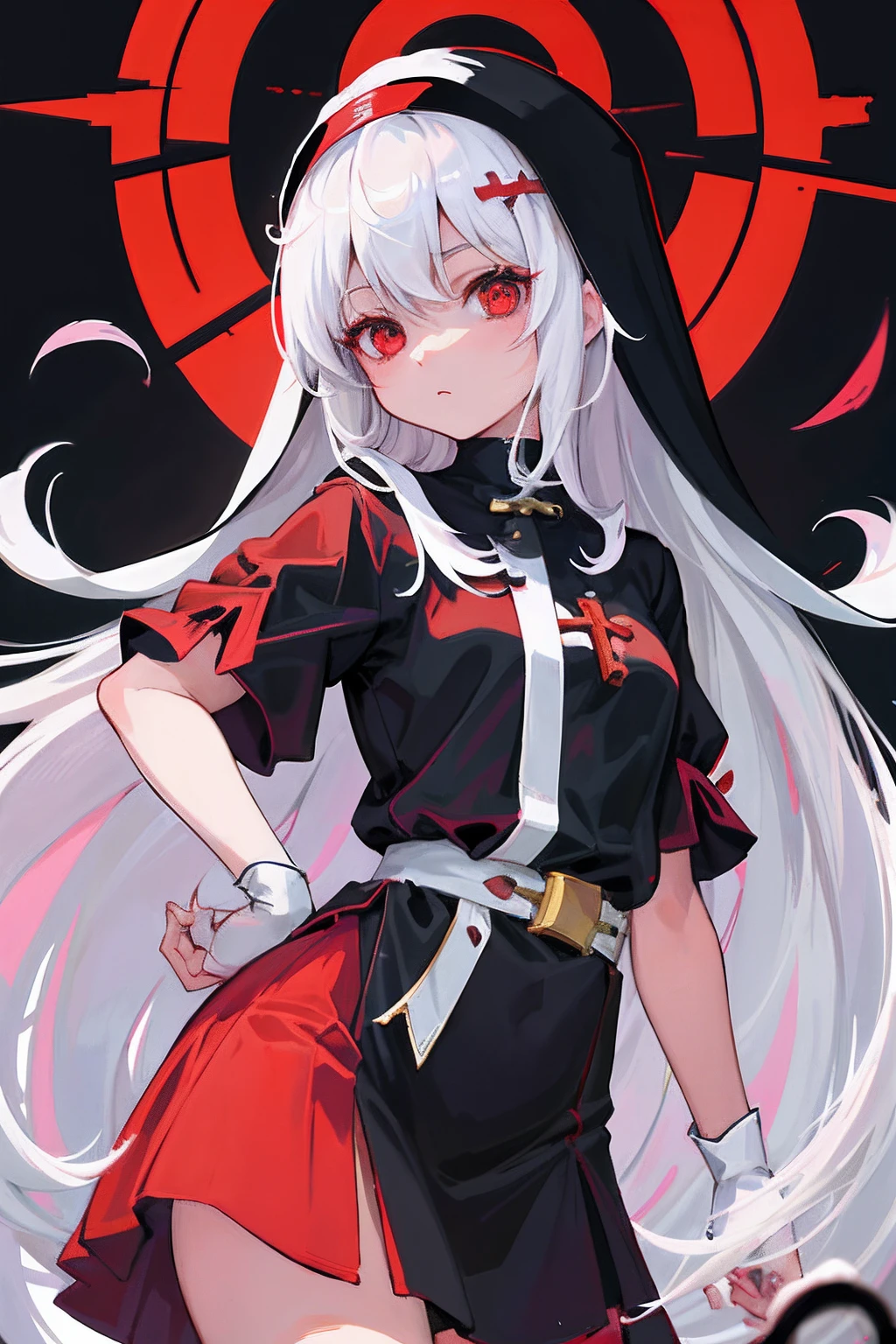 Original Character,girl,loli,white hair,red eyes,little girl,Anime style, long hair, nuns, crosses,{best quality}}, {{masterpiece}}, {{ultra-detailed}}, {illustration}, {detailed light},