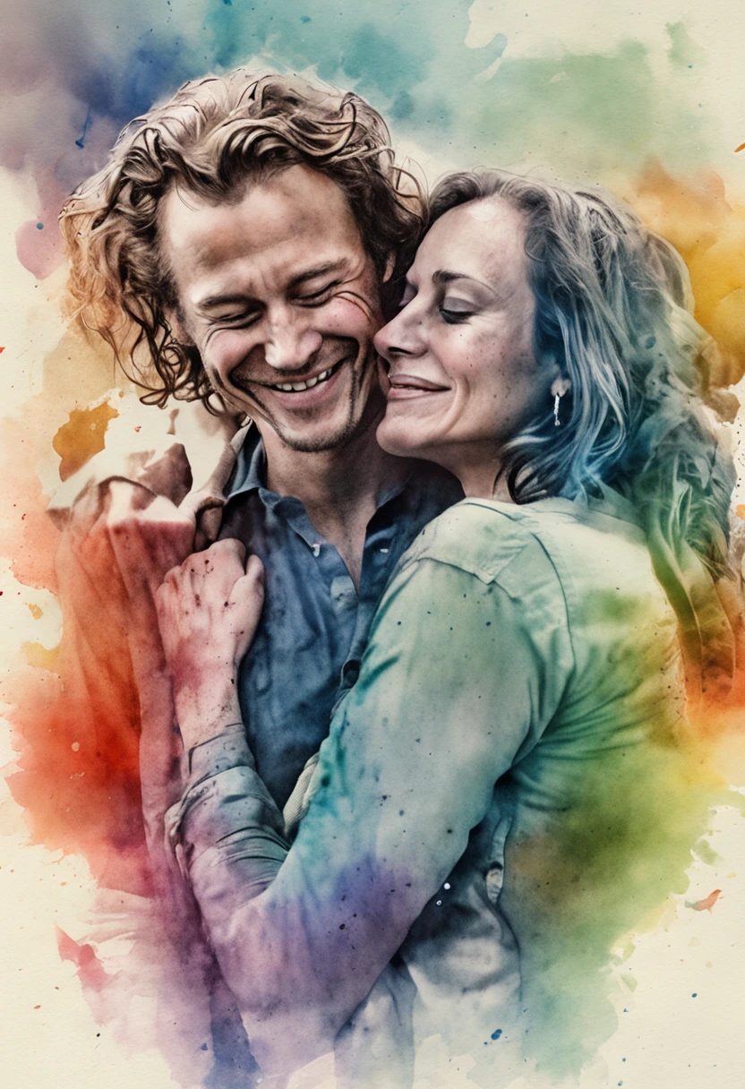 Full body photo of a man and a woman hugging together, 35 mm,Low angle, Photorealistic,  ultra-sharpness,Ultra Detail pays homage to Heath Ledger's iconic portrayal of the Joker in a memorable watercolor portrait. Capture his charming smile and chaotic essence with fluid brushstrokes. Bright colors and expressive lines reflect the unpredictability of mysterious characters. The image retains the haunting charm of Ledger's performance with a captivating watercolor rendition.