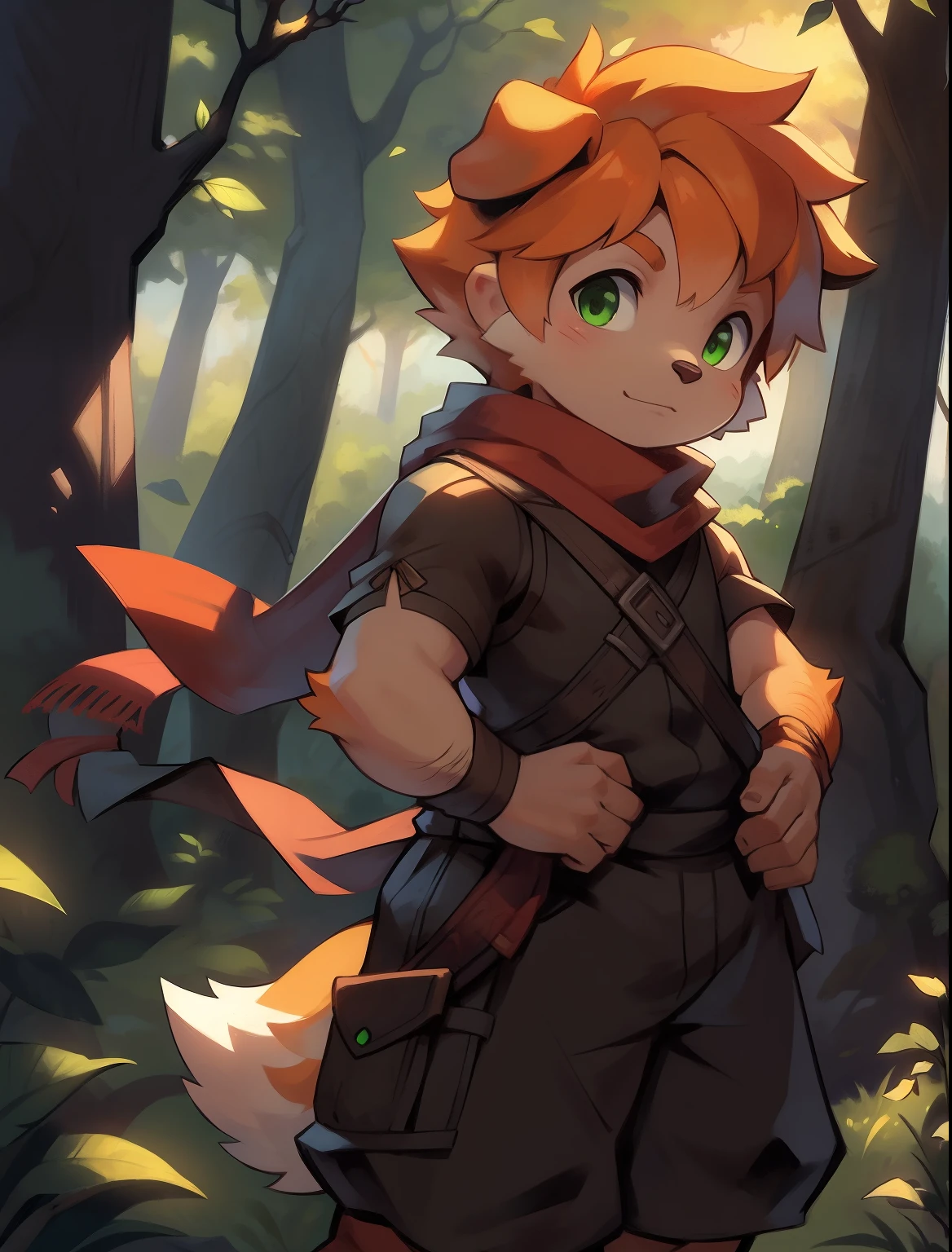 sfv, child, Scarf, fantasy, Adventure, forest，short- sleeved, Green eyes, Orange hair, Boy, kid, Red scarf, Long shorts, Solo, Pants, 1 baby boy，, Very good figure, Handsome，whaite hair，（sheepdog），Hairy body，Detailed fur