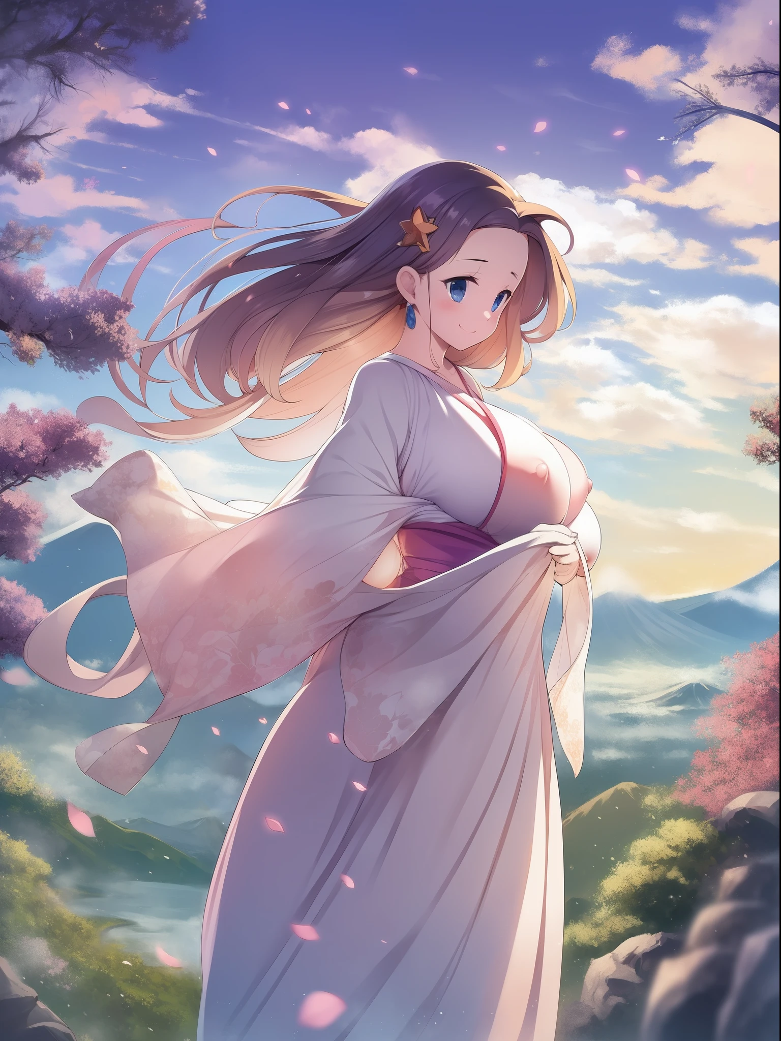 A majestic and elegant panorama of Mt. Fuji.、Sakuhime Konohana smiles kindly、(The princess's breasts are huge:1.5)、Hair that flutters in the wind、The best illustrations、