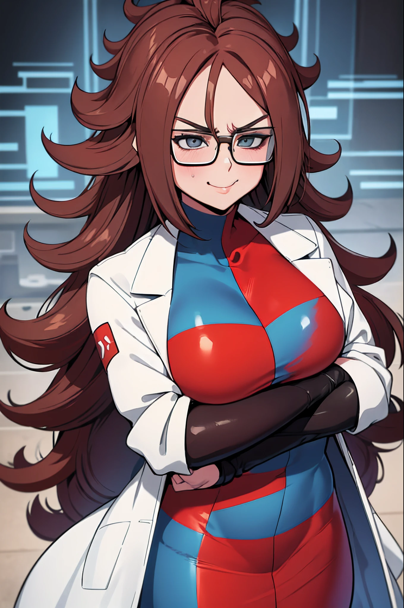 Masterpiece, Best quality, defa21, lunettes, checkered dress, Labcoat, collants noirs, Haut du corps, gros seins, smirk, furrowed brow, Regarder le spectateur, mouth closed, comptoir, science, Béchers, microscope, arms crossed