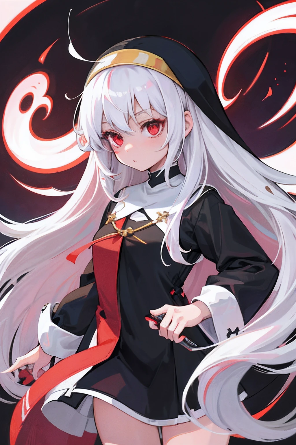 Original Character,girl,loli,white hair,red eyes,little girl,Anime style, long hair, nuns, {best quality}}, {{masterpiece}}, {{ultra-detailed}}, {illustration}, {detailed light},