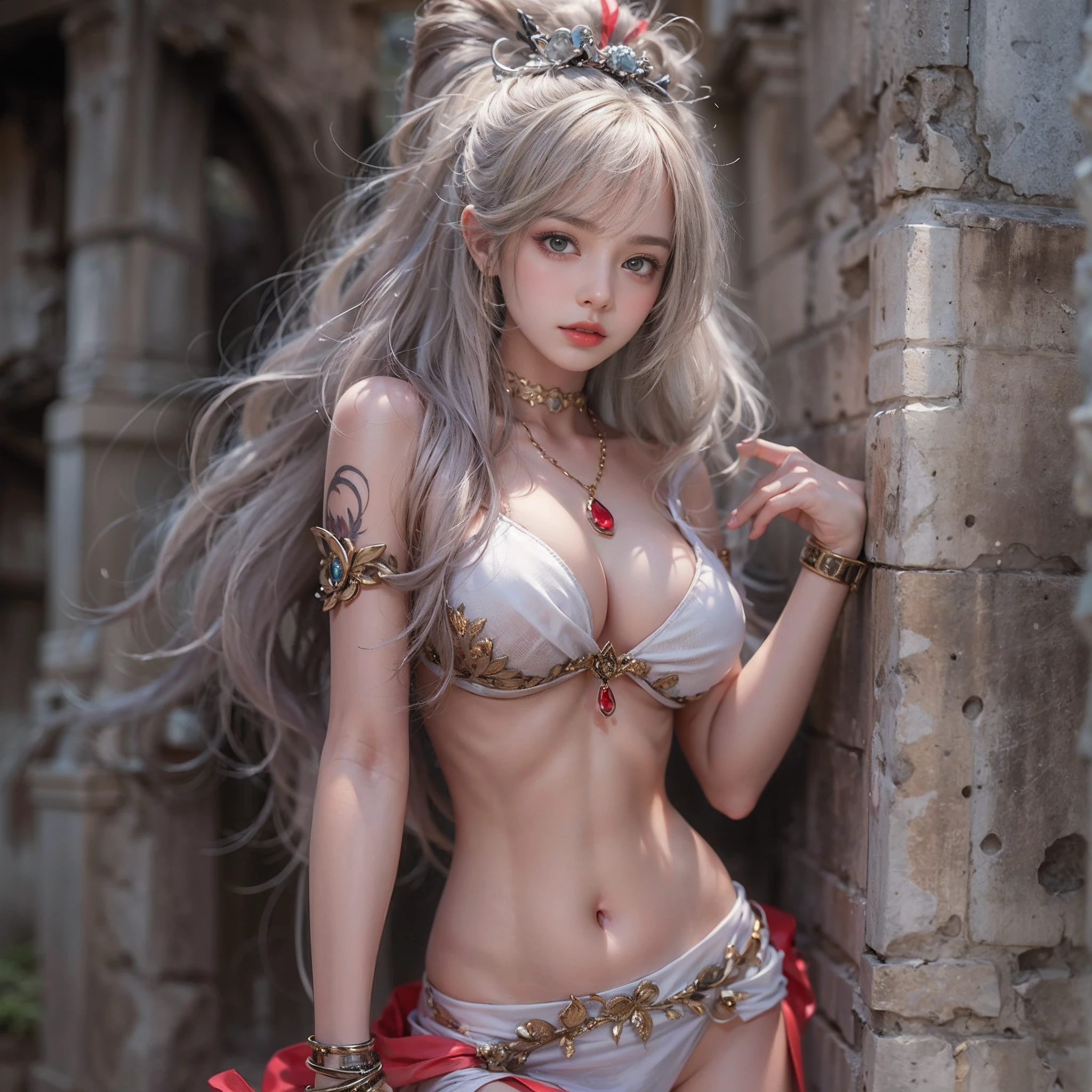 ((​masterpiece:1.4)、(top-quality:1.4)、(reallistic:1.7))、a beauty girl、Super sexy girl、Super beautiful girl、((1girl in:1.4))、Shiny natural skin texture、By Luis Royo、age19、Super Ultra Ultra Bikini、Cute tattoos、(Two arms:1.4、Two legs:1.4)、(perfect anatomia:1.4)、(Perfect female body:1.4)、Portrait photo of a girl、Soft front light、beautiful countenance、kawaii faces、Beautiful udder、Colossal tits、Beautiful ass、A detailed eye、Draw eyes clearly and beautifully、beautidful eyes、Narrow waist、Raw photo、red-lips、Red high heels、a choker、a necklace、耳Nipple Ring、1 screen display、Ancient city ruins