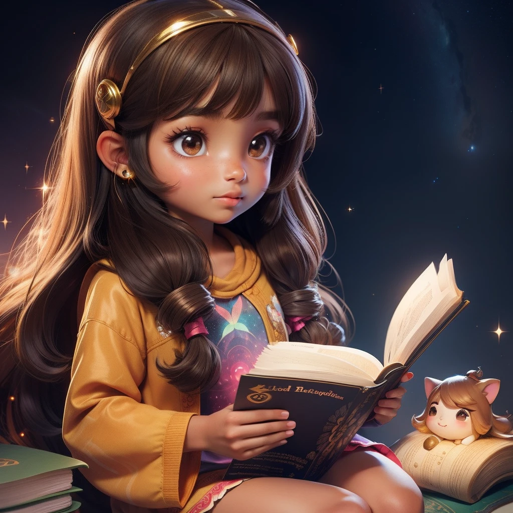 A brown skin little cute girl, with long hair, reading a magical book, night vision, flying batterflies, hippie clothes, golden sparkling light