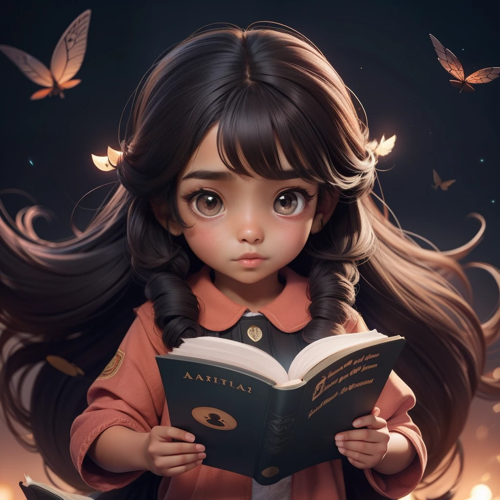 A brown skin cute girl, with long hair, reading a magical book, night vision, flying batterflies