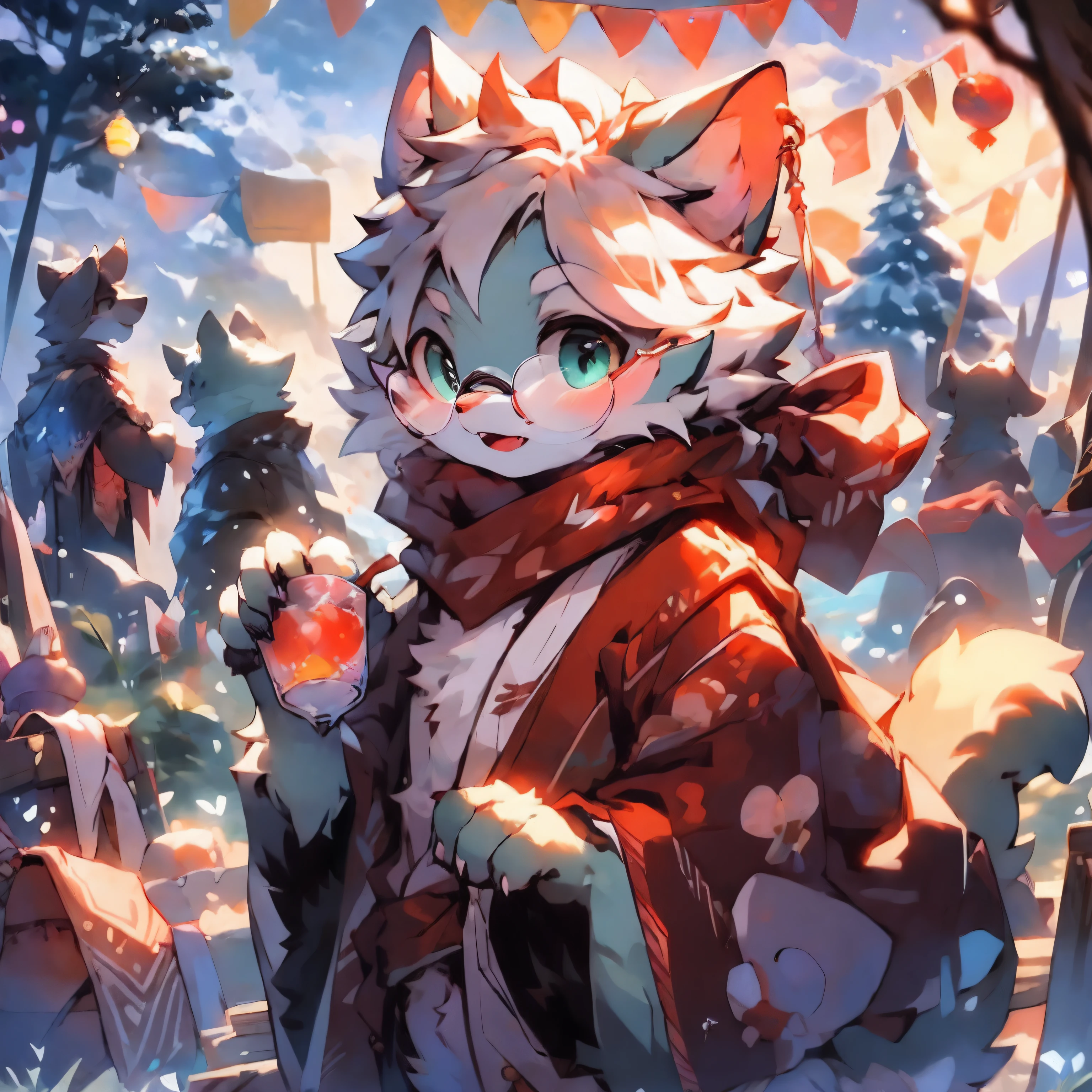 a fully grown and mature adult cat with big circle glasses and a red scarf, a handsome cat fursona with teal fur color, the chest has white fur, white fur around mouth and cheeks, white hair, fluffy black cat ears, fluffy white neck, he is in a snowy place looking up to the snowy sky with a bright smile. snowy landscape. bushy tail, and perked up fluffy big ears. He wears a fluffy warm and cozy kimono, he is holding a warm cup of cacao on one hand, he is reaching out his other hand to the camera. His eyes are bright with wonder as he surveys the snowy woods outside the cabin, a lot of snowflakes falls down from the sky. The fully grown and mature and tall adult cat has a relaxed expression, ready to explore the outside world. the cat is tall. big trees covered by snow in the background, there are colorful fireworks in the snowy sky, there are steep and tall mountains in the background covered in snow, there are wooden houses in the background, and the perspective of view is zoomed out