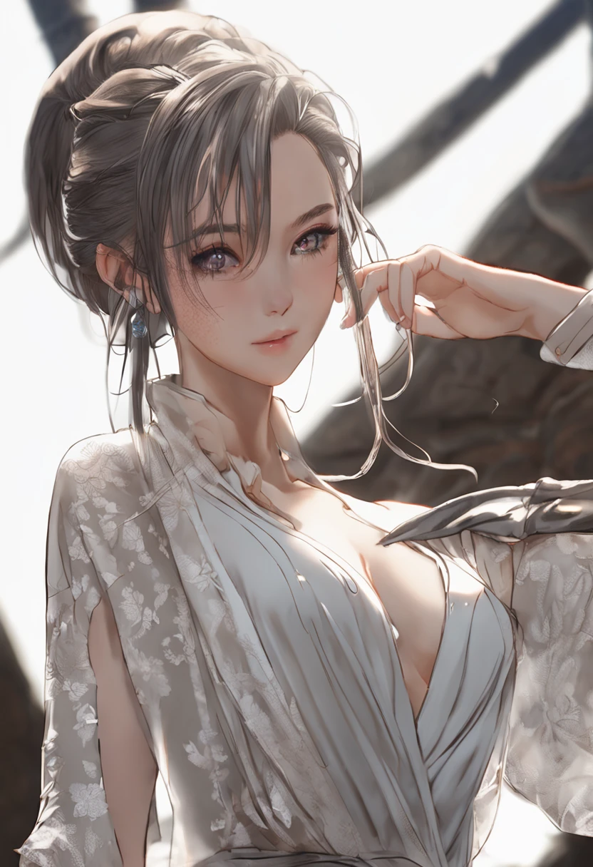 Nikon Z 85mm, ((best quality)) ((masterpiece)), intricate details, sharp focus, professional, photorealistic, real life, ultra realistic, photorealism,SILHOUETTE light,finely detail,best quality,extremely detailed CG unity 8k wallpaper,perfect artwork,upper body, shiny hair, glowing eyes, lustrous skin, realistic, perfect female figure, narrow waist, looking at viewer,lace,seductive posture, sexy pose, an extremely delicate and beautiful,best quality, beautiful detailed girl, beautiful detailed eyes,light on face,cinematic lighting,see-through,White pajamas, transparent material, revealing buttocks,a realistic representation of the face, (intricate details, makeup, (detailed beautiful delicate face, detailed beautiful delicate eyes, a face of perfect proportion, high detailed skin, detailed skin, best ratio four finger and one thumb, arms under breast, medium large breasts, smooth midriff, skiny and thin,fashion, solo ,(young), face highlight, upper body, detailed face, white skin, silver hair, ponytail, braid hair,big eyes, silk robe, (hollow pattern, silk), earrings, slim body, luxury room, professional lighting, tear robe,1 girl,Coiling hair