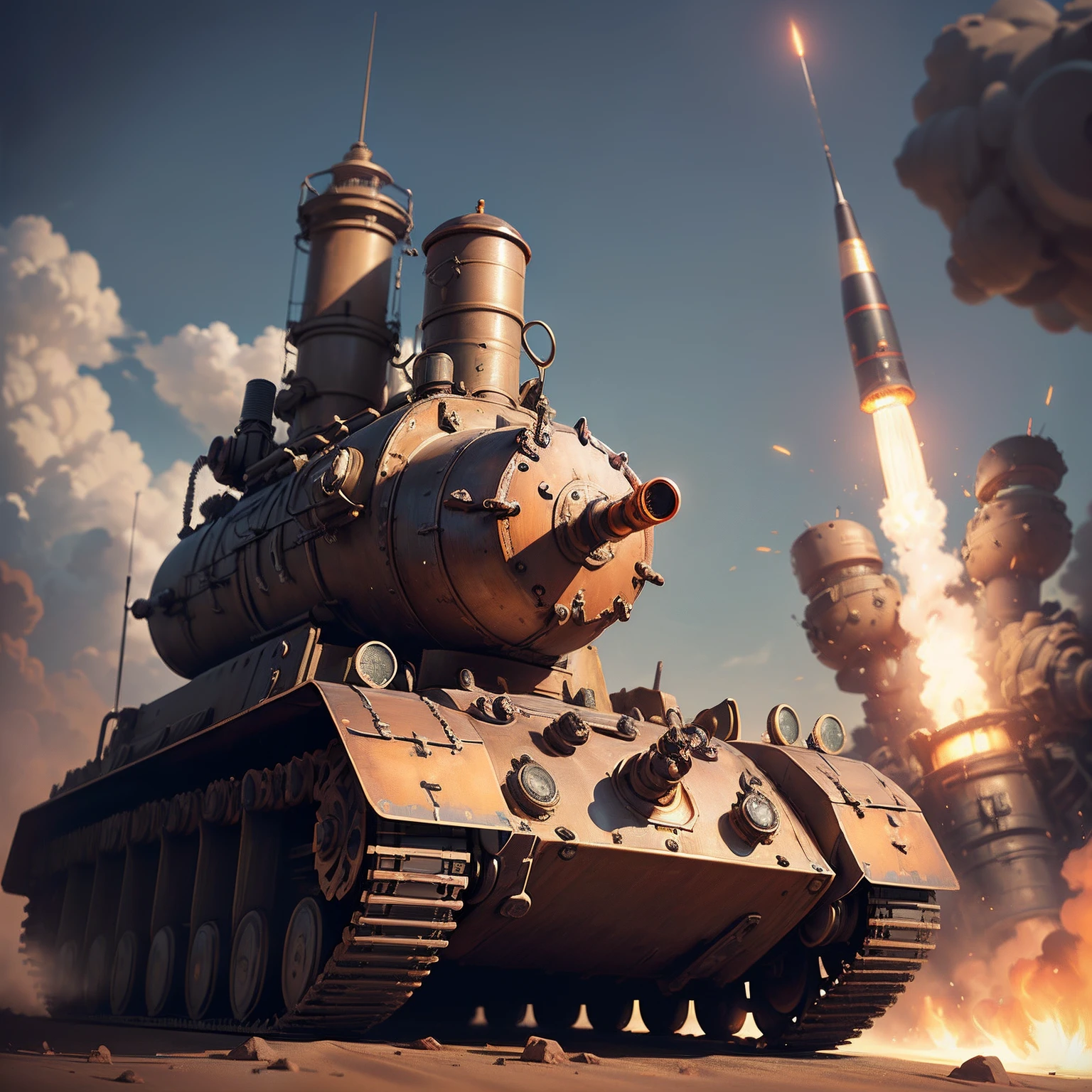steampunk ai, overcomplicated tank, missile balistic,