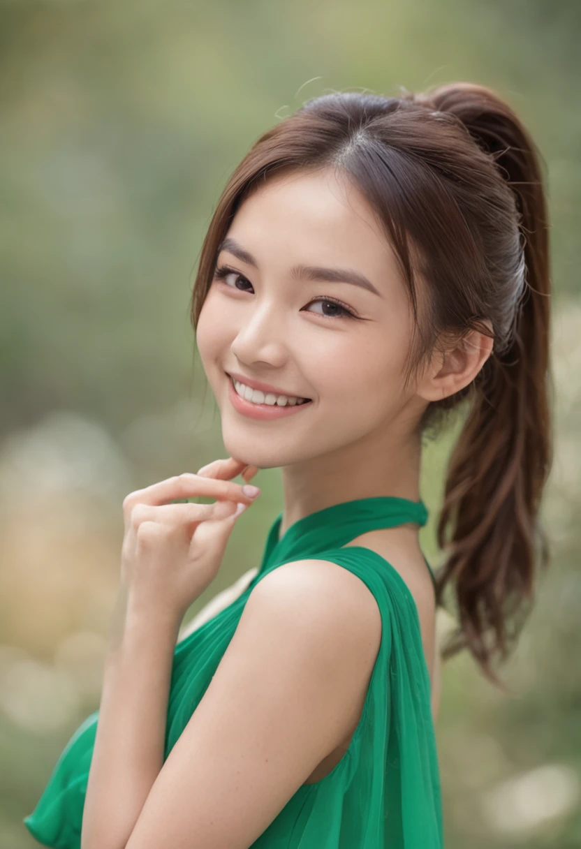 Woman in ponytail and green dress is smiling, friendly seductive smile, young cute wan asian face, beautiful and smiling, cute seductive smile, smiling fashion model face, profile photo, close - up studio photo, Charming smile, with a beautifull smile, with a seductive smile, headshot portrait, Young Asian Girl, slight smile and open eyes, Lovely smile