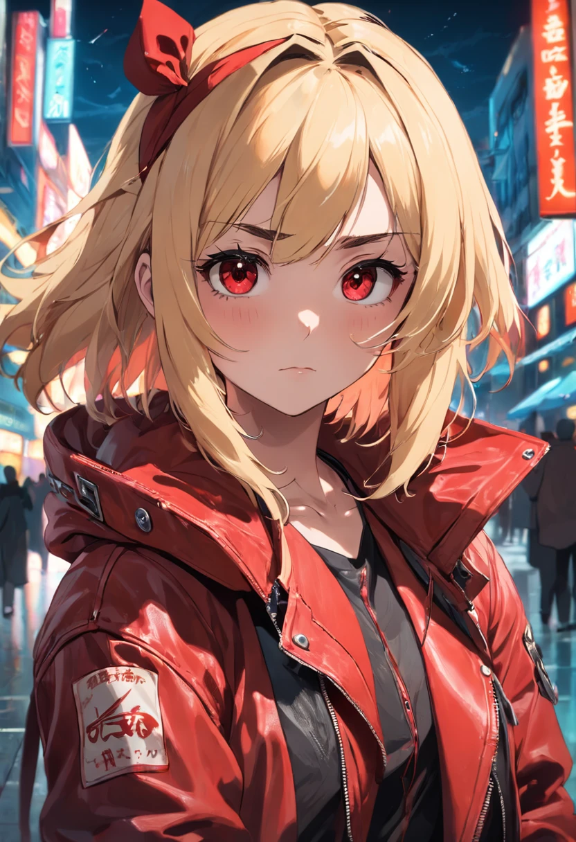 Blonde girl, short, red bandanna, leather jacket, thick eyebrows, long eyelash