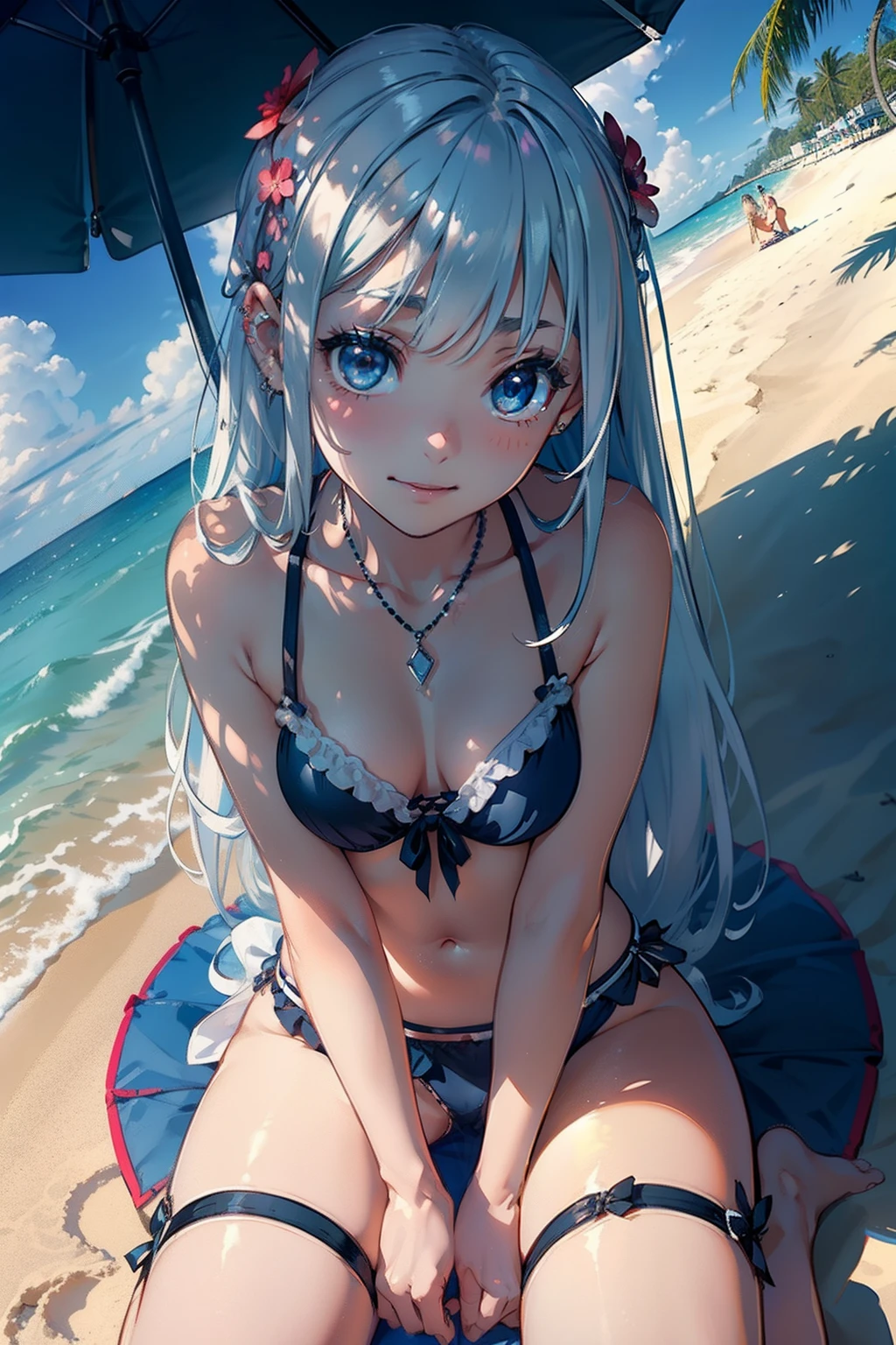 masterpiece, top-quality, Detailed details, Detailed landscapes, beatiful lights, Beautiful Shadows,one girls,12year old,((open one's legs)),(Stand on one knee),Child's body shape,huge smile,(innocent smiles),detailed skin textures,flipflops,long,Bunching hair,Silver hair ornament、silber hair,piercings、Silver necklace、Red bright eyes、Children's swimwear,Fluffy swimsuit,Flip fluffy mini skirt,sea side、Sitting on a man's lap,sitting on、beach parasol、L size drinks、blue-sky、llight rays、High contrast,((pov from down)),(((Look up from between your legs)))