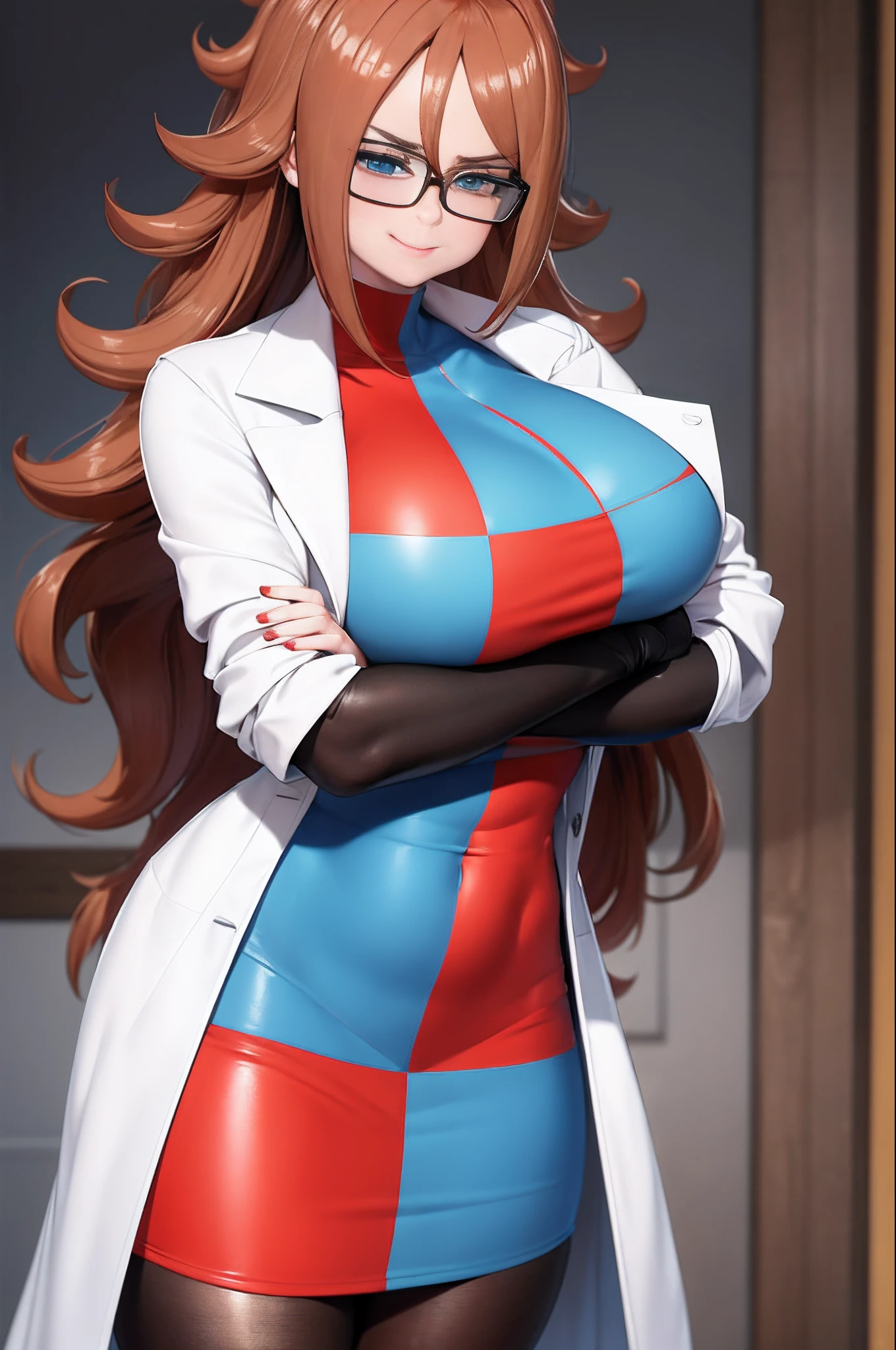 Masterpiece, Best quality, defa21, Lunettes, checkered dress, Labcoat, collants noirs, Haut du corps, gros seins, smirk, furrowed brow, Regarder le spectateur, mouth closed, comptoir, science, Béchers, microscope, arms crossed, big breast