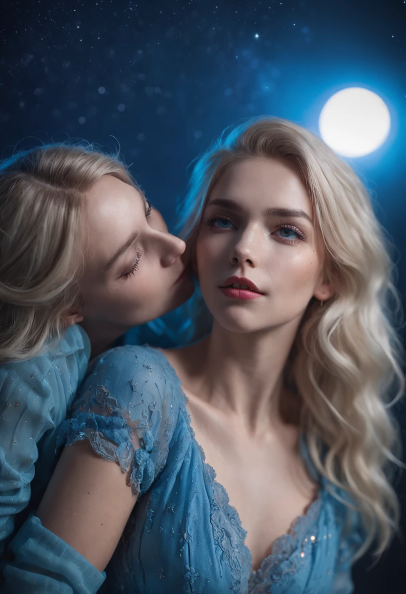 masterpiece, max quality, ultra-detailed, starry sky, cloud, cinematic light and shadow effects, vibrant colors, passionate kiss, full moon night, blue t-shirt, blue eyes, blonde hair.