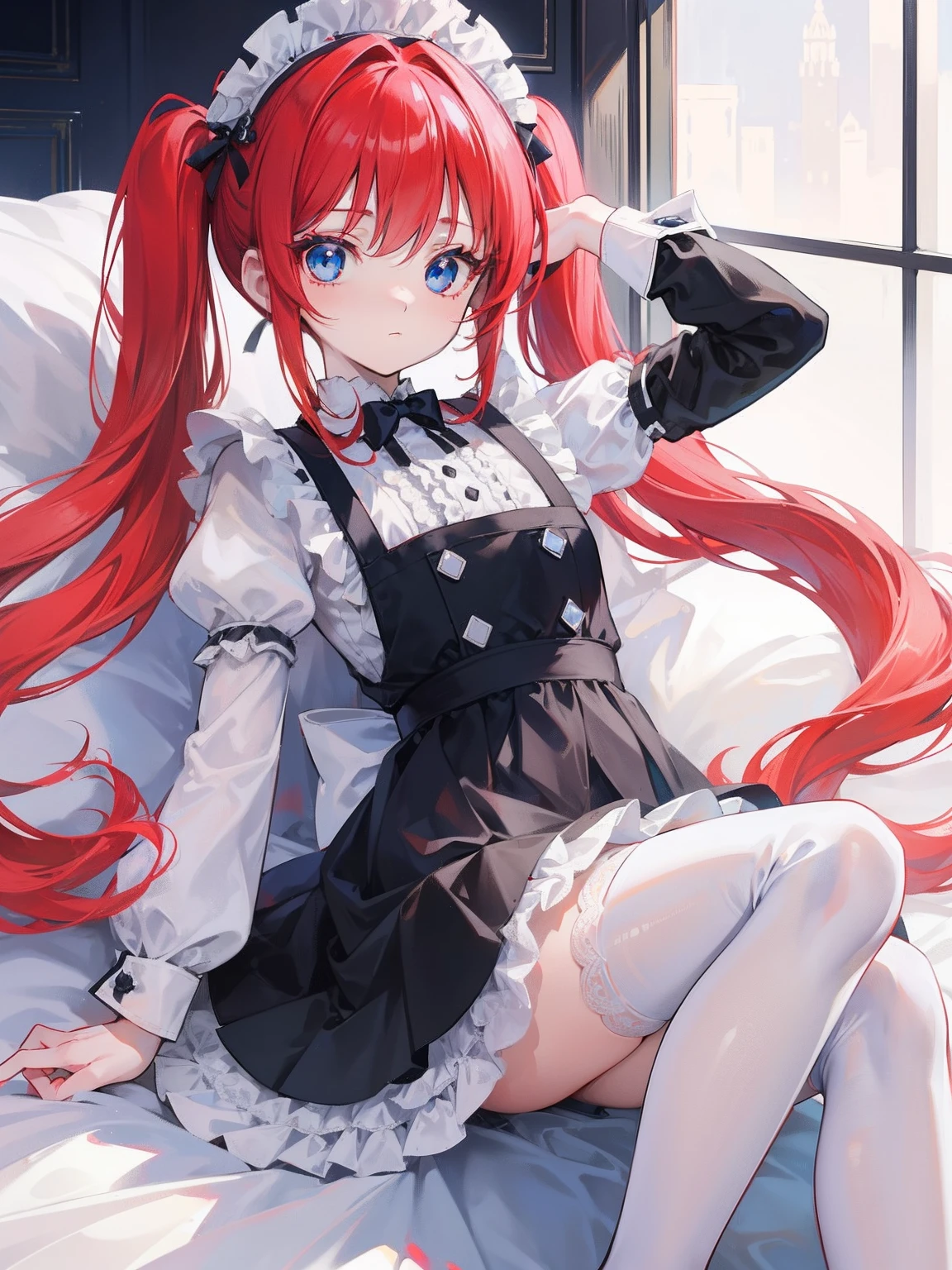 red hair,blue eyes,twintails,maid, long hair, long sleeves, gothic, solo, loli,Short skirt, white stockings,{{best quality}}, {{masterpiece}}, {{ultra-detailed}}, {illustration}, {detailed light}, {an extremely delicate and beautiful},little girl,cute,