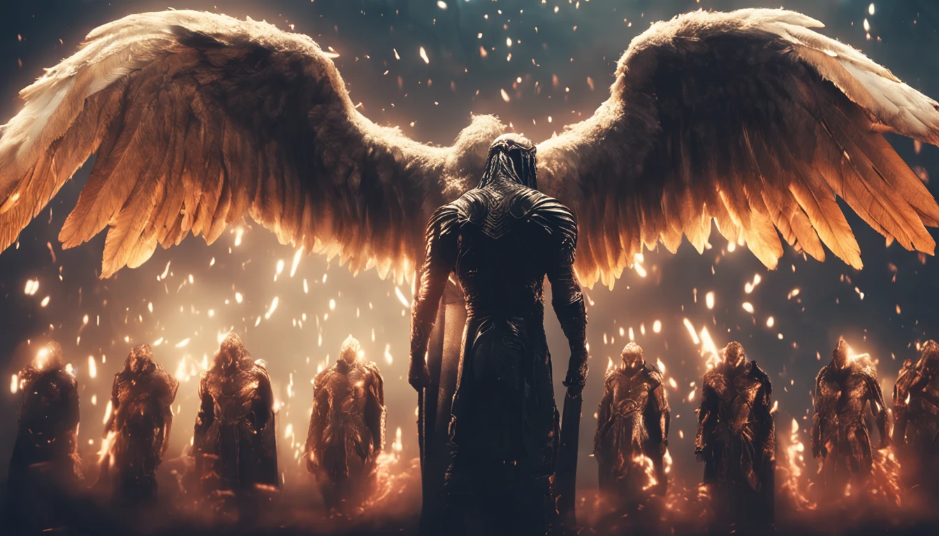 groups male ancient angels of light bodies with wings group knelt, various camera angle, dslr photo, high contrast, smooth dslr photo, cinematic lighting, ultra realistic,