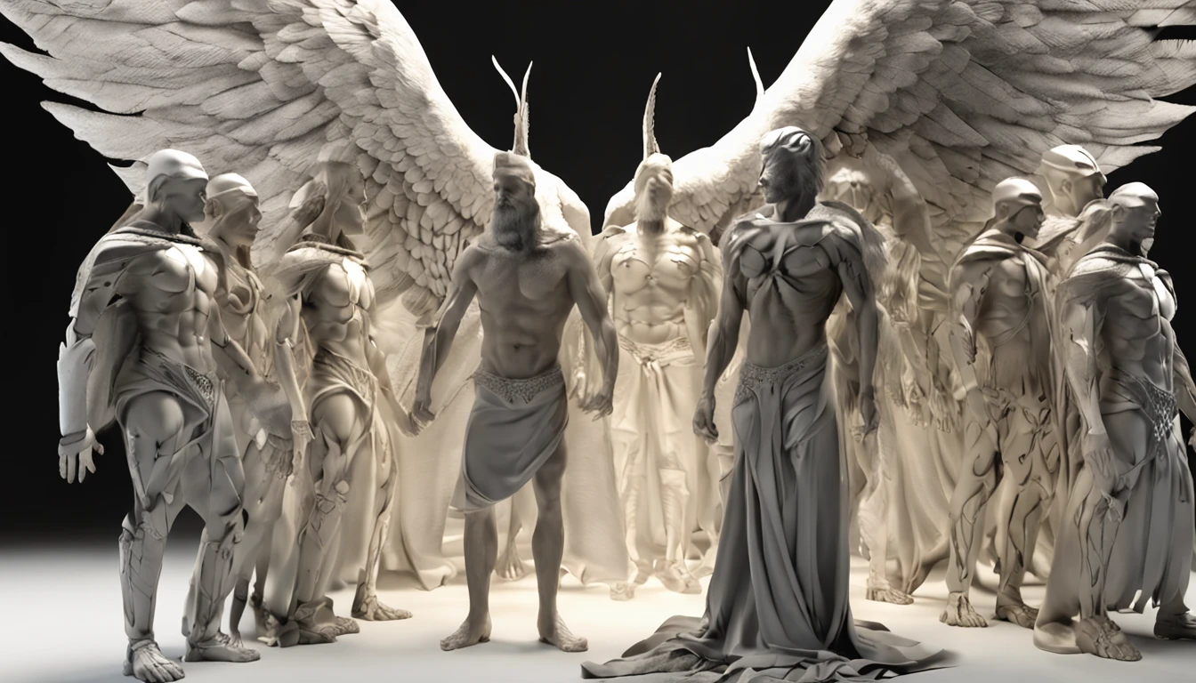 groups male ancient angels of light bodies with wings group knelt, various camera angle, dslr photo, high contrast, smooth dslr photo, cinematic lighting, ultra realistic,