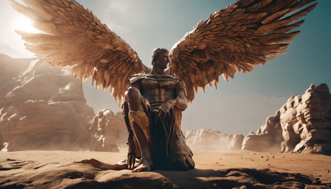 groups male ancient angels of light bodies with wings group knelt, various camera angle, dslr photo, high contrast, smooth dslr photo, cinematic lighting, ultra realistic,