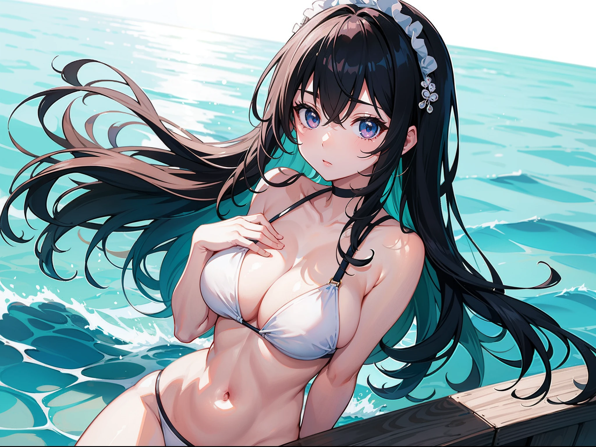 2D, (Simple background), BREAK masterpiece, Ultimate highest quality, Ultra-detailed, Best Quality, ((kawaii)), 1girl in, Cute, Black hair, (White Bikini:1.1), (in poolside), Sunshine, various hairstyles, (Lens Flare:0.6), (White glow:1), (light reflections:1.2),innertube