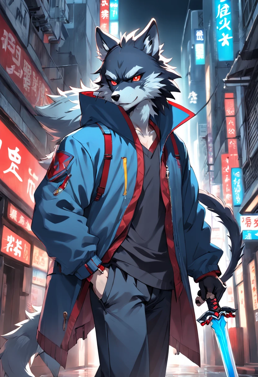 Character focus,独奏, shaggy, Furry male wolf, Grey fur for men, red dragon eye,Little cute, Will sell moe,Wear a gray jacket and pants,Anime - Anthropomorphic cyberpunk style werewolf characters。On the left side wears a sharp blue sword,The sword body is technically blue,A katana with a red blade on the right,Red pupils,Long tail