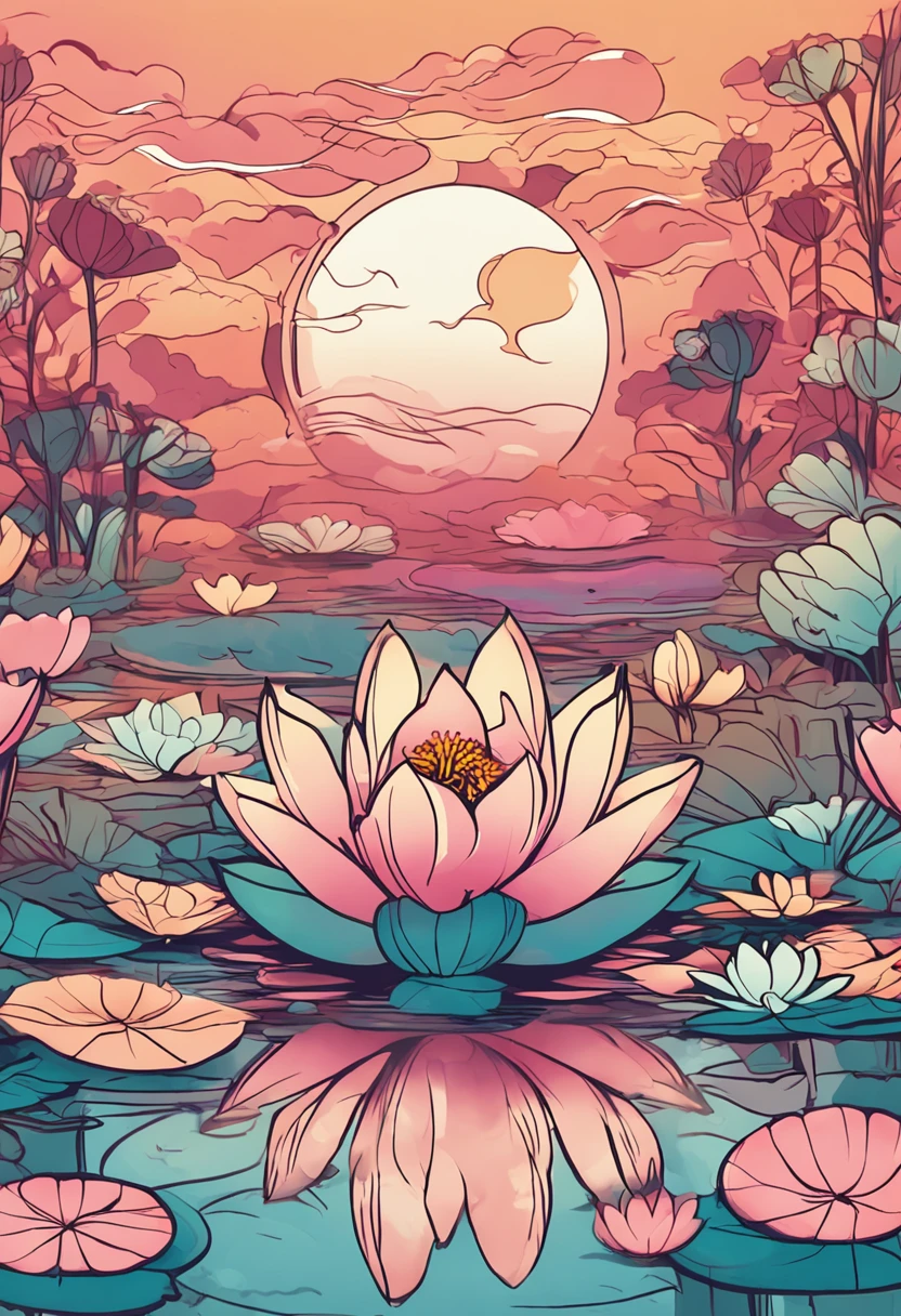 Around a pond with colorful lotus flowers floating on the surface of the water、People who meditate々Illustration sitting」:
grounds: The lotus flower symbolizes purification and growth、Water represents emotions and sensibilities。Meditating around the lotus flower is、Supports inner transformation and purification、Promotes emotional harmony
