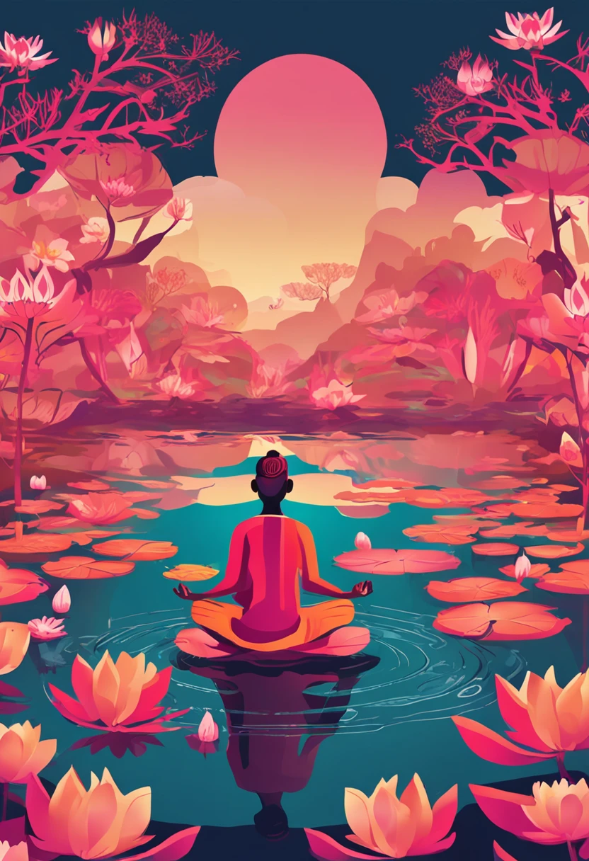 Around a pond with colorful lotus flowers floating on the surface of the water、People who meditate々Illustration sitting」:
grounds: The lotus flower symbolizes purification and growth、Water represents emotions and sensibilities。Meditating around the lotus flower is、Supports inner transformation and purification、Promotes emotional harmony